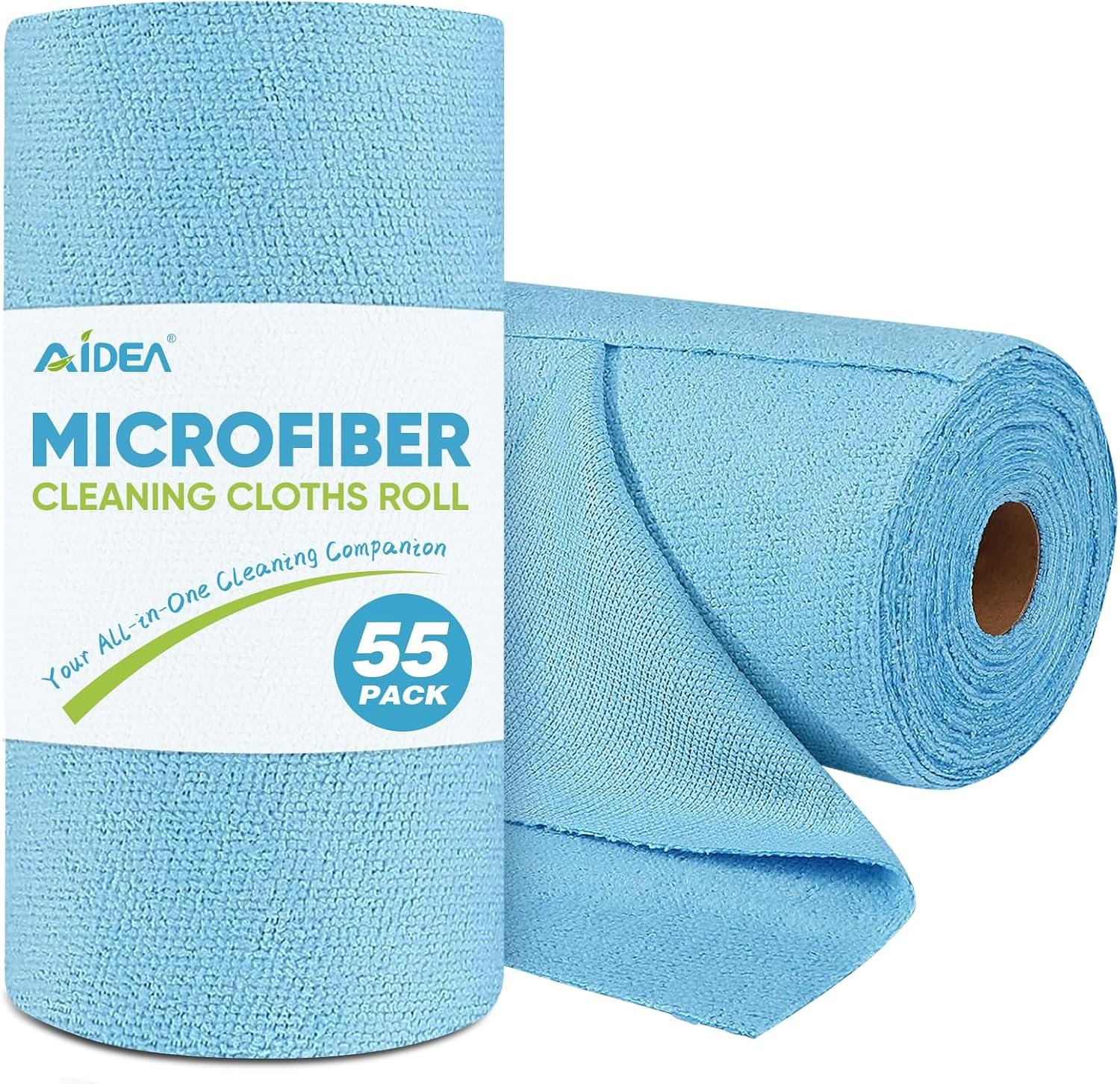 AIDEA Microfiber Cleaning Cloth Roll, Blue Shop Towels 55 Sheets Washable, Microfiber Towels for Cars, Blue Rags Reusable Paper Towel for Automotive, Workshop, House, Kitchen, Cleaning Supplies11×9″