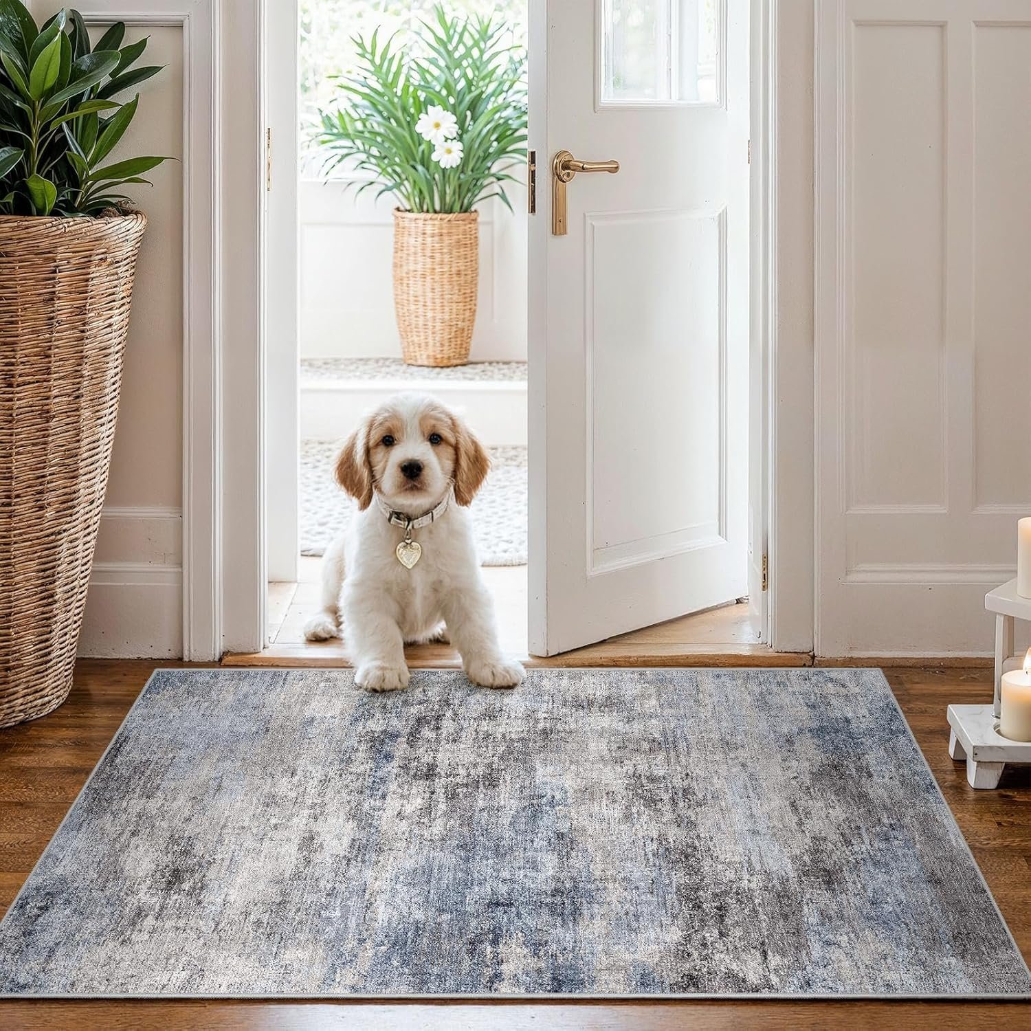 Washable Non-Slip 2×3 Area Rug – Neutral Kitchen Runner Rug with Soft Low-Pile Texture Modern Entryway Floor Mat for Bathroom Living Room Bedroom Hallway Dorm Office (Blue Grey, 2×3)