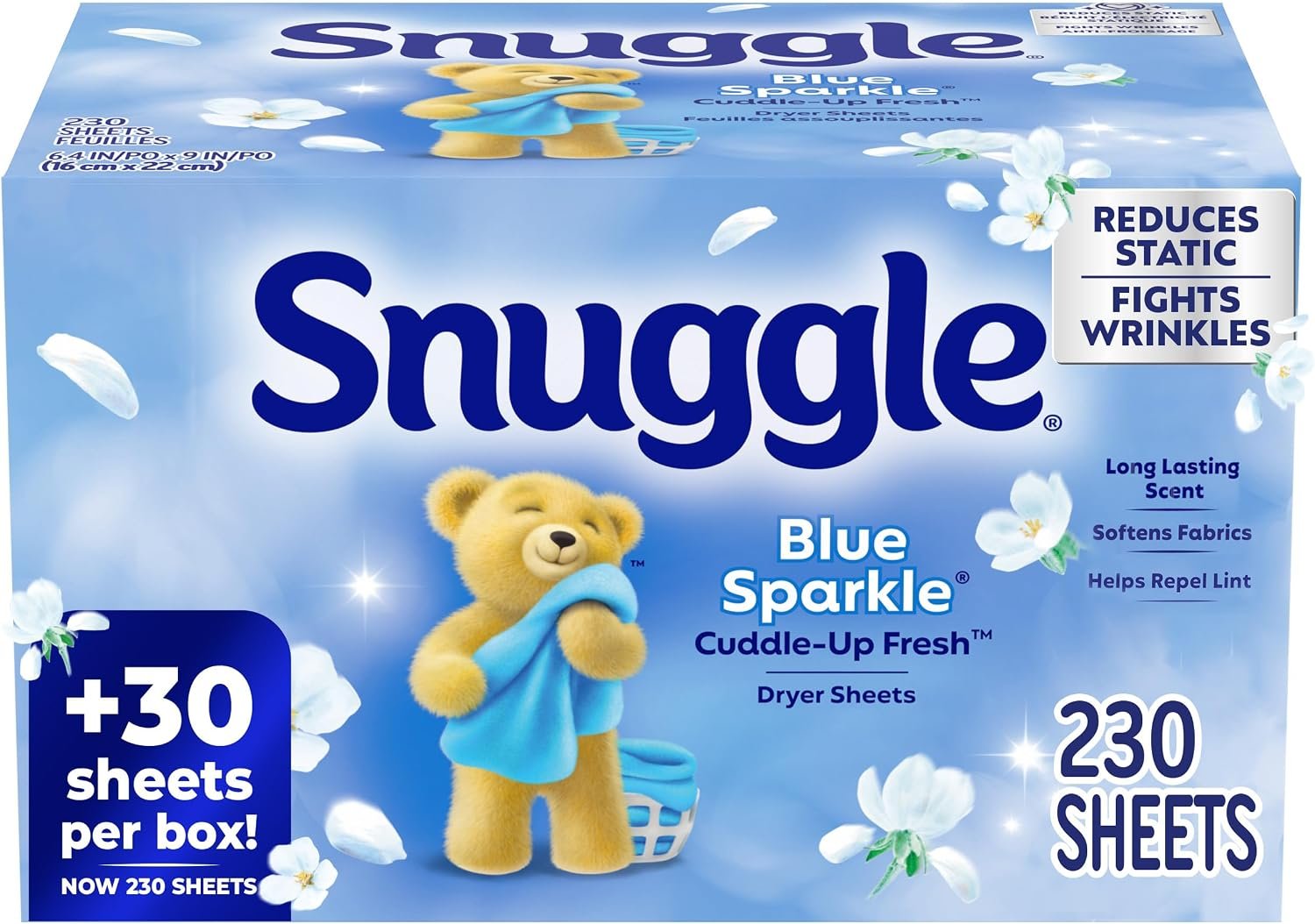 Snuggle Fabric Softener Dryer Sheets, Long-Lasting Fresh & Clean Scent, Softens Fabric, Reduces Static, Fights Wrinkles, Helps Repel Lint & Pet Hair, HE Safe, Blue Sparkle Cuddle-Up Fresh, 230 Ct