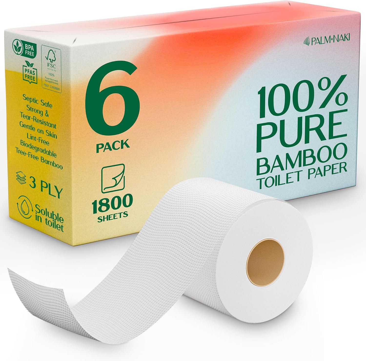 100% Bamboo Toilet Paper | 3-Ply – Strong & Absorbent | Tree-Free, FSC Certified, BPA/PFAS-Free | Septic-Safe, Lint-Free | 6 Rolls (1800 Sheets) | PALM NAKI