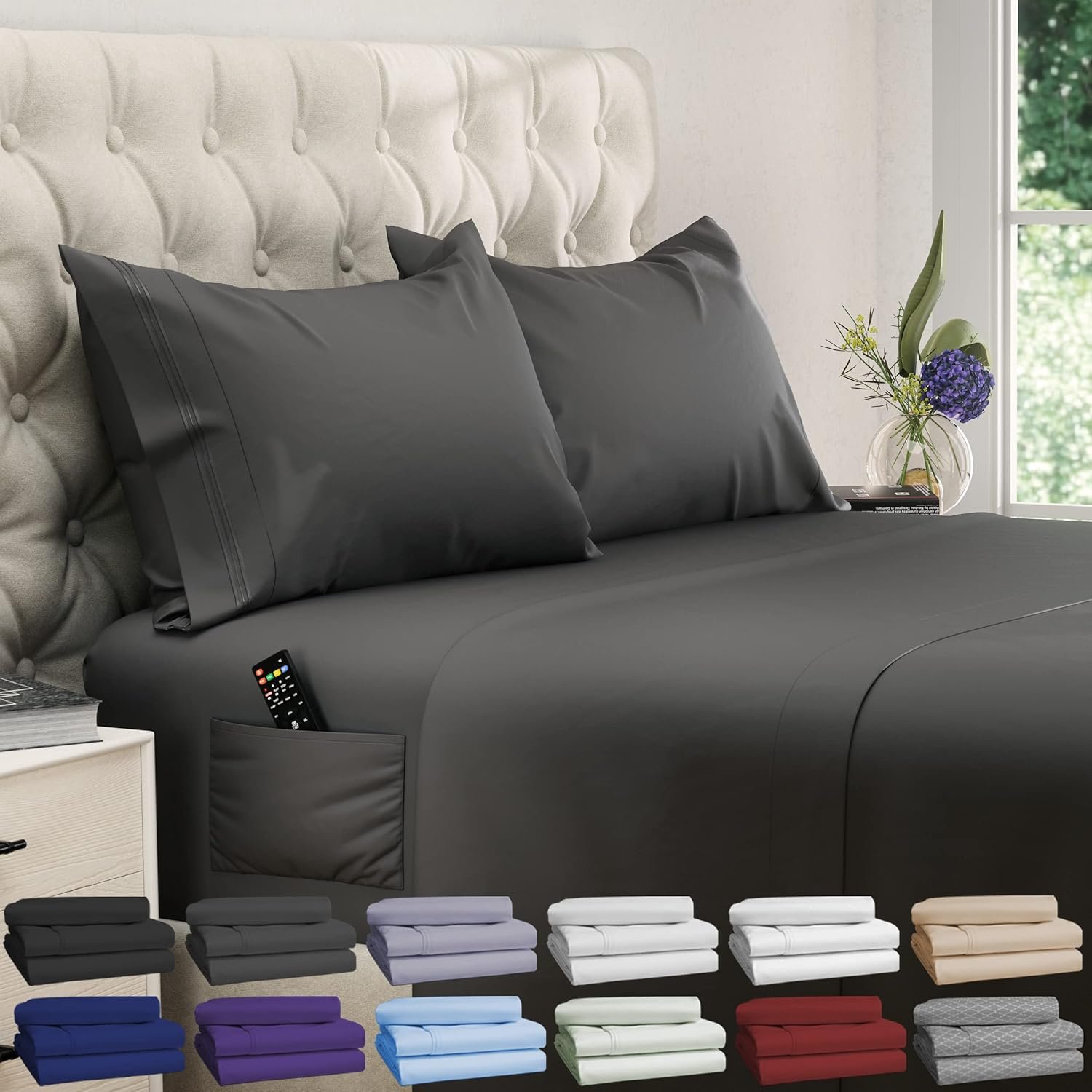 DREAMCARE King Size Sheets Set – 4 pcs Breathable Cooling Sheets – up to 15″ Deep Pocket King Sheet Set with Side Pockets – Extra Soft 100% Brushed Hypoallergenic Hotel Luxury Bedding – Gray