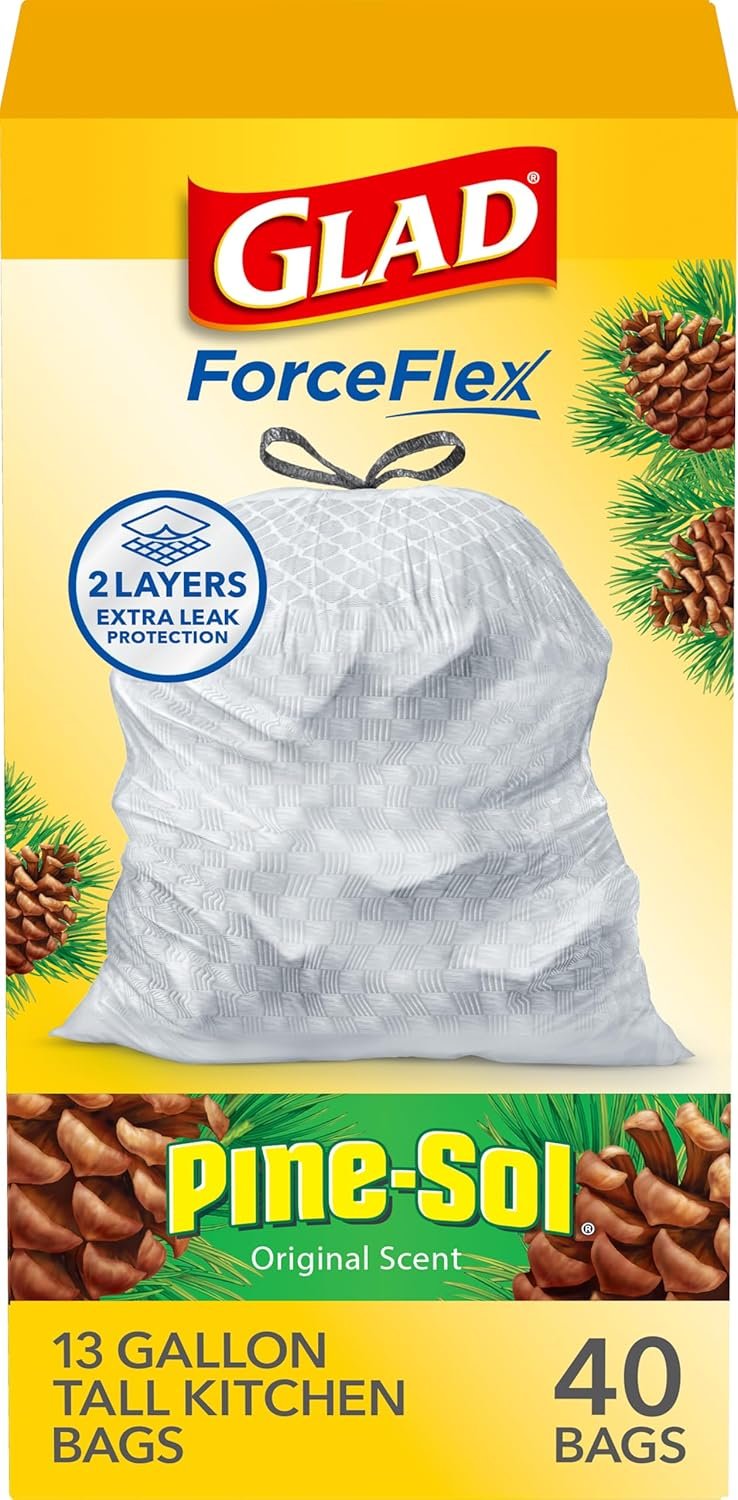Glad ForceFlex Tall Kitchen Trash Bags, 13 Gallon, Pine-Sol Original, 40 Count (Package May Vary)