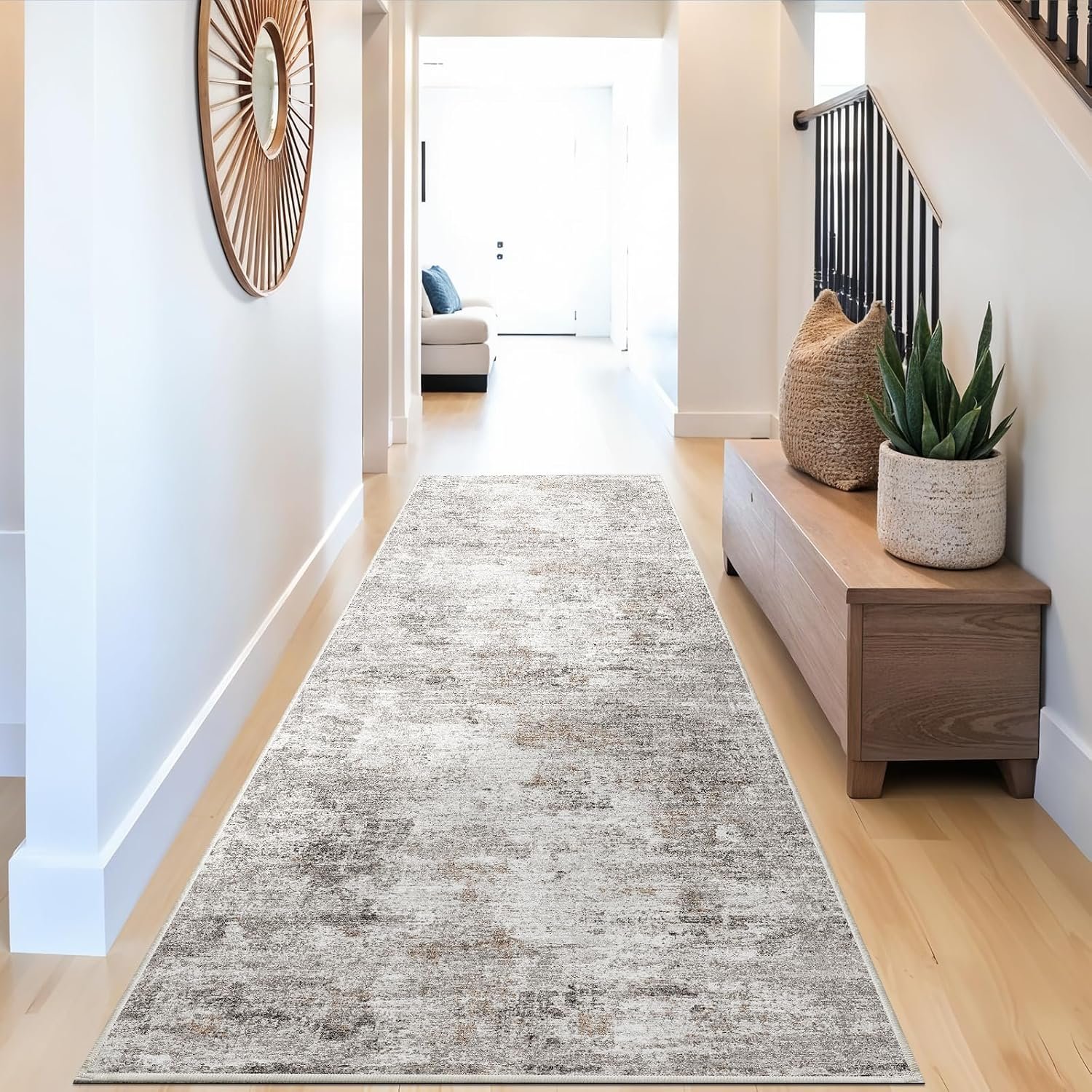 3×10 Ft Long Hallway Runner Rug – Non-Slip Washable Kitchen Runner Rug with Rubber Backing | Modern Abstract Wide Floor Carpet Runner for Indoor Entryway, Bedroom, Living Room, Beige/Grey/Brown