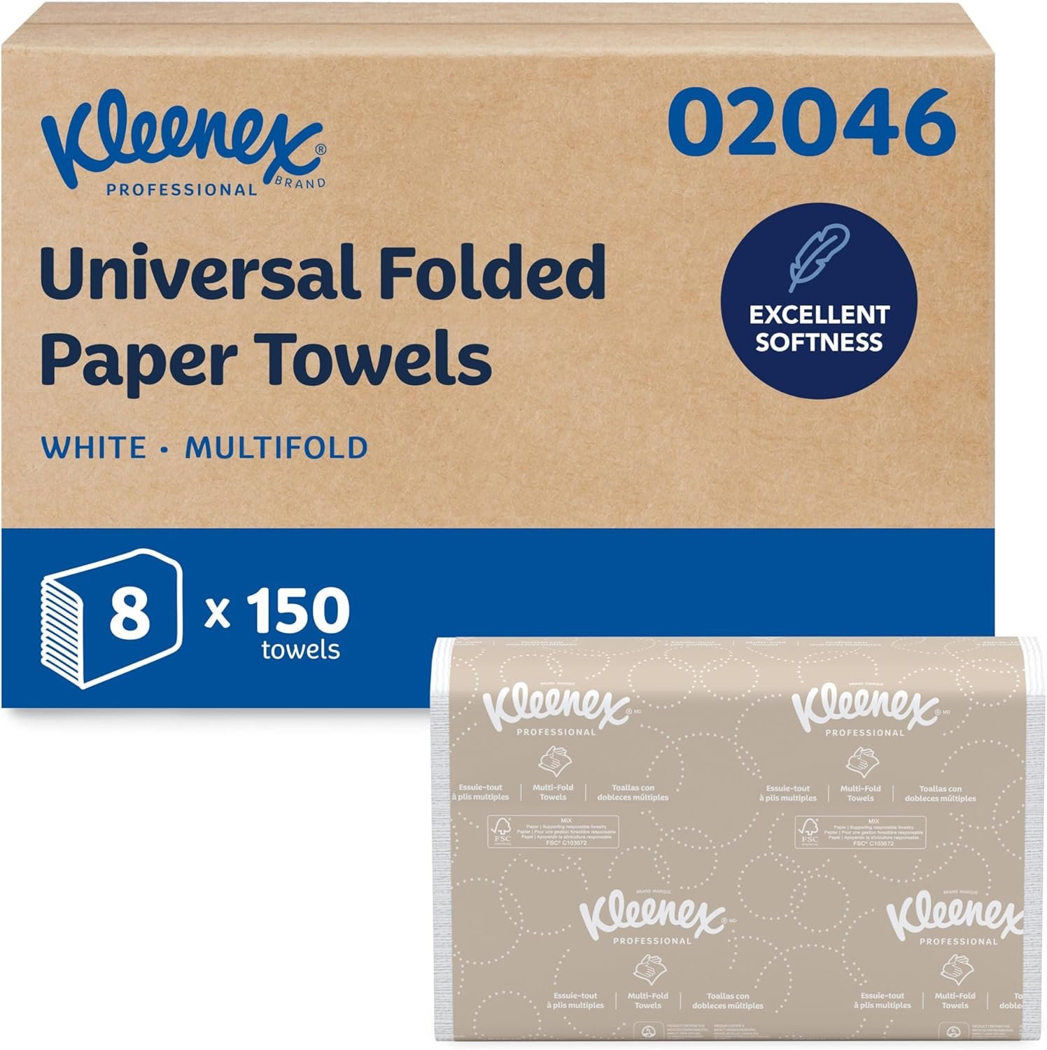 Kleenex Professional Universal Multifold Paper Towels, Bulk (02046), Absorbency Pockets, 9.2″ x 9.4″ Towel, White (150 Sheets/Pack, 8 Packs/Case, 1,200 Sheet Total)