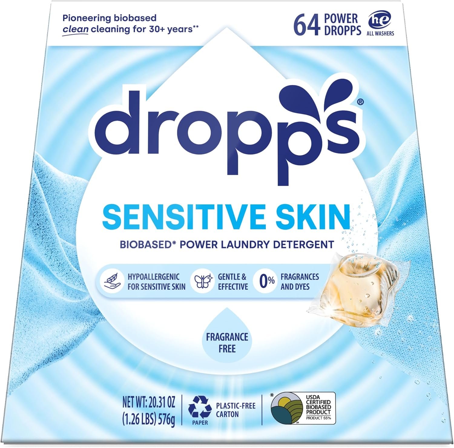 Dropps Sensitive Skin Laundry Detergent Pods, Unscented (64 Ct) – Hypoallergenic & Dermatologist Tested | Free & Clear | Laundry Pods for Sensitive Skin | Clean Ingredients | Plastic Free Packaging