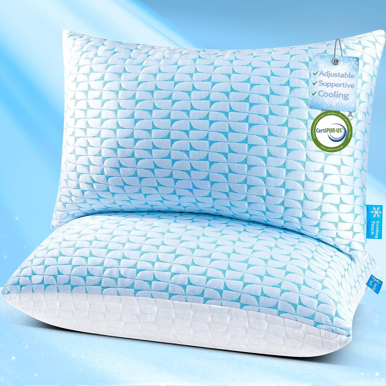 QUTOOL Firm Pillow Shredded Memory Foam, Cooling Pillow for Hot Sleeper, Adjustable Bed Pillow for Side Back Stomach Sleepers, Washable Cover, CertiPUR-US Certified, Queen Size Set of 2