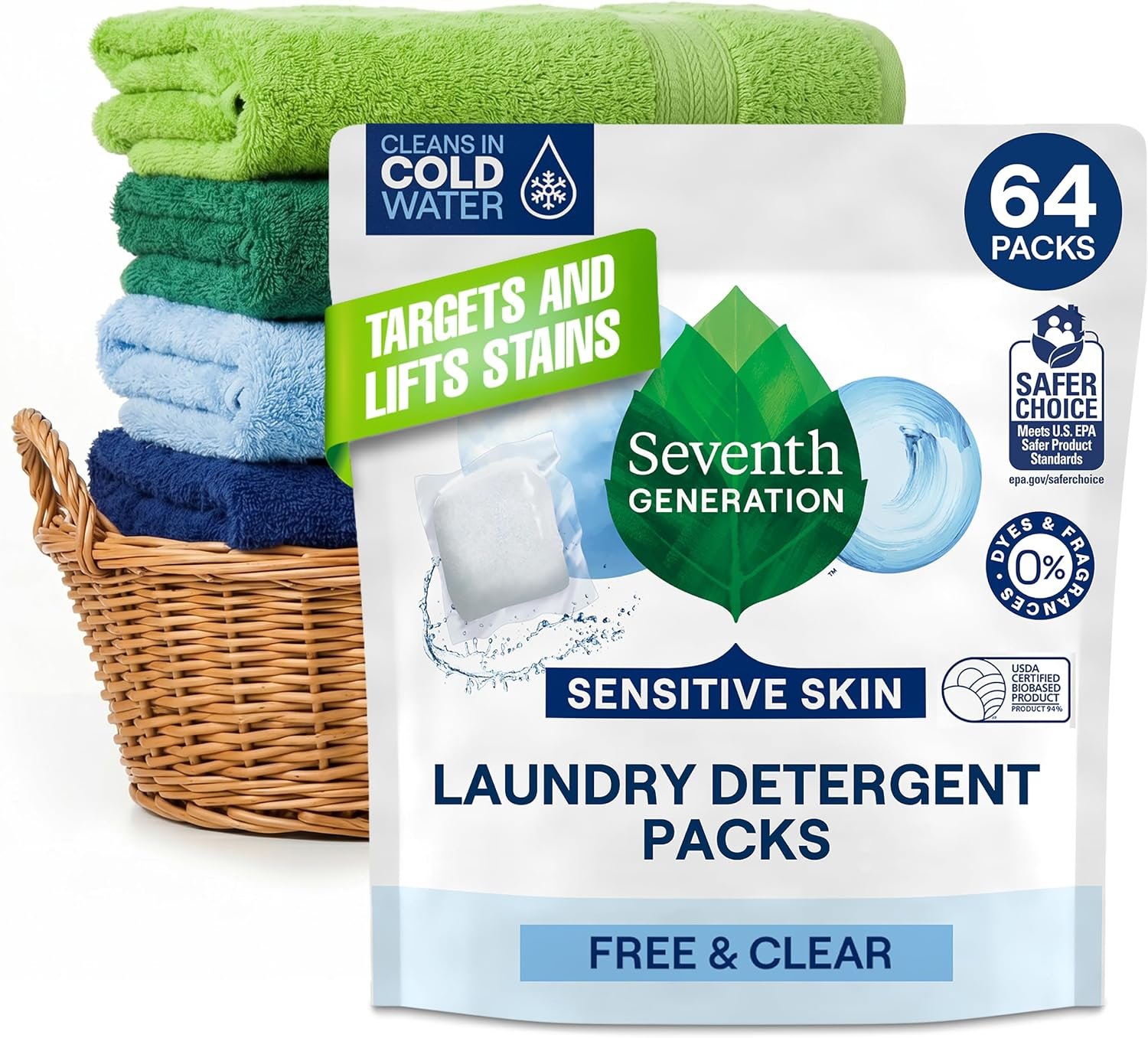 Seventh Generation Laundry Detergent Packs, Free & Clear, Made for Sensitive Skin, EPA Safer Choice Certified, 64 Count
