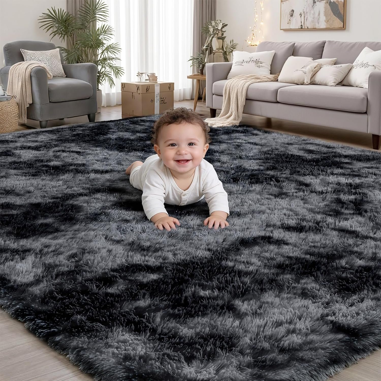 8×10 Area Rugs for Living Room Bedroom: Black Grey Soft Fluffy Shag Upgrade Non-Slip High Pile Carpet Large Fuzzy Plush Indoor Floor Decor Shaggy Rug for Kid Boys Girls Playroom Nursery Modern Home