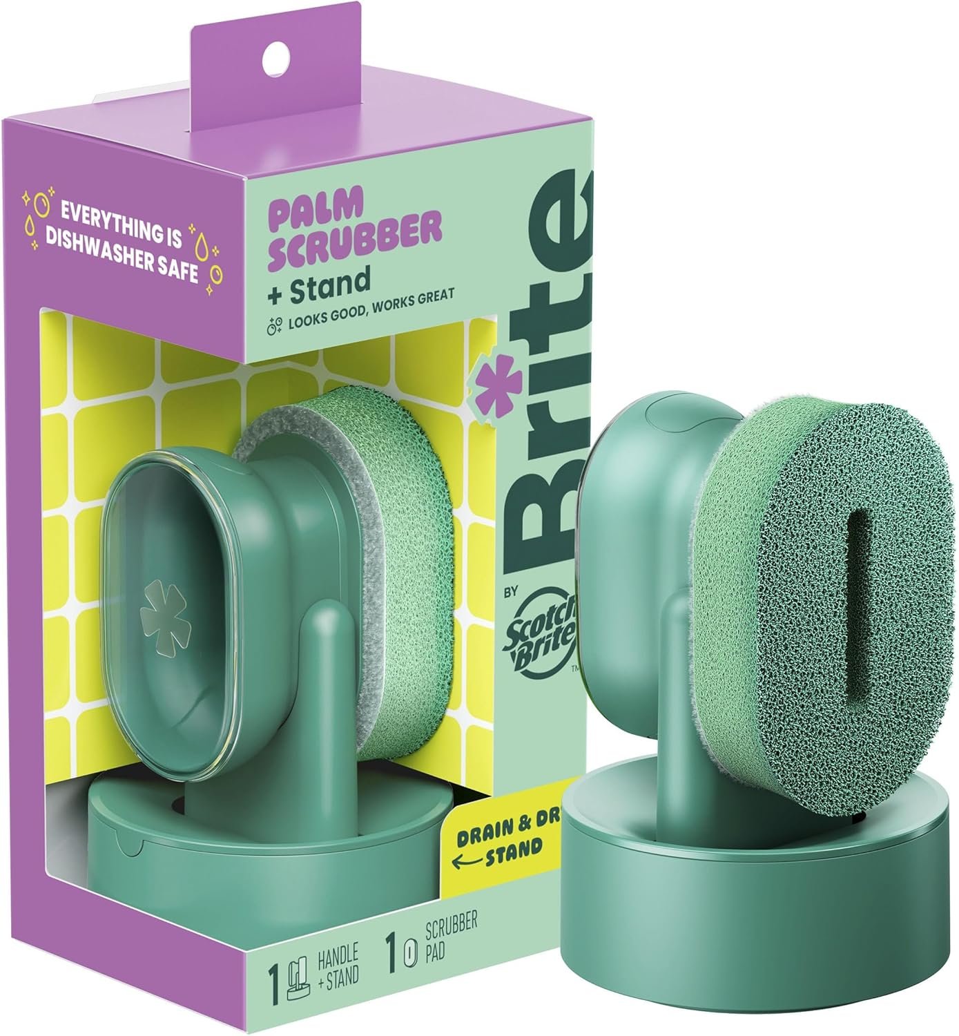 Brite by Scotch-Brite Palm Scrubber with Drain + Dry Stand, Household and Kitchen Sponge for Washing Dishes with Comfy Grip, 1 Scrub Sponge with Soap Dispenser