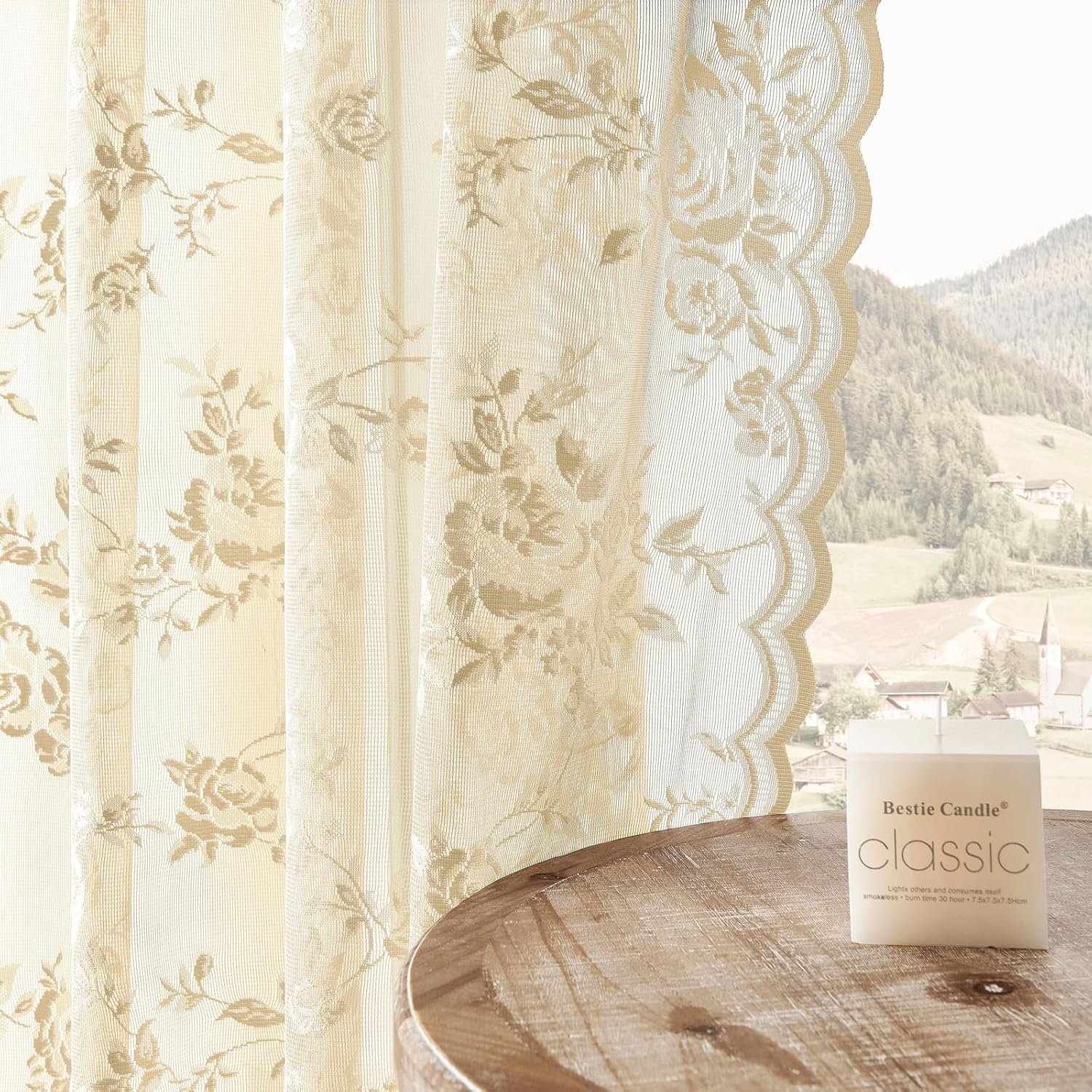 SEEKRIGHT Beige Lace Curtains 84 Inches Long Victorian Floral Sheer Curtains for Living Room Bedroom Decor Drapes Rod Pocket Light Filtering French Window Curtains 2 Panels Set for Dining Room, 52×84