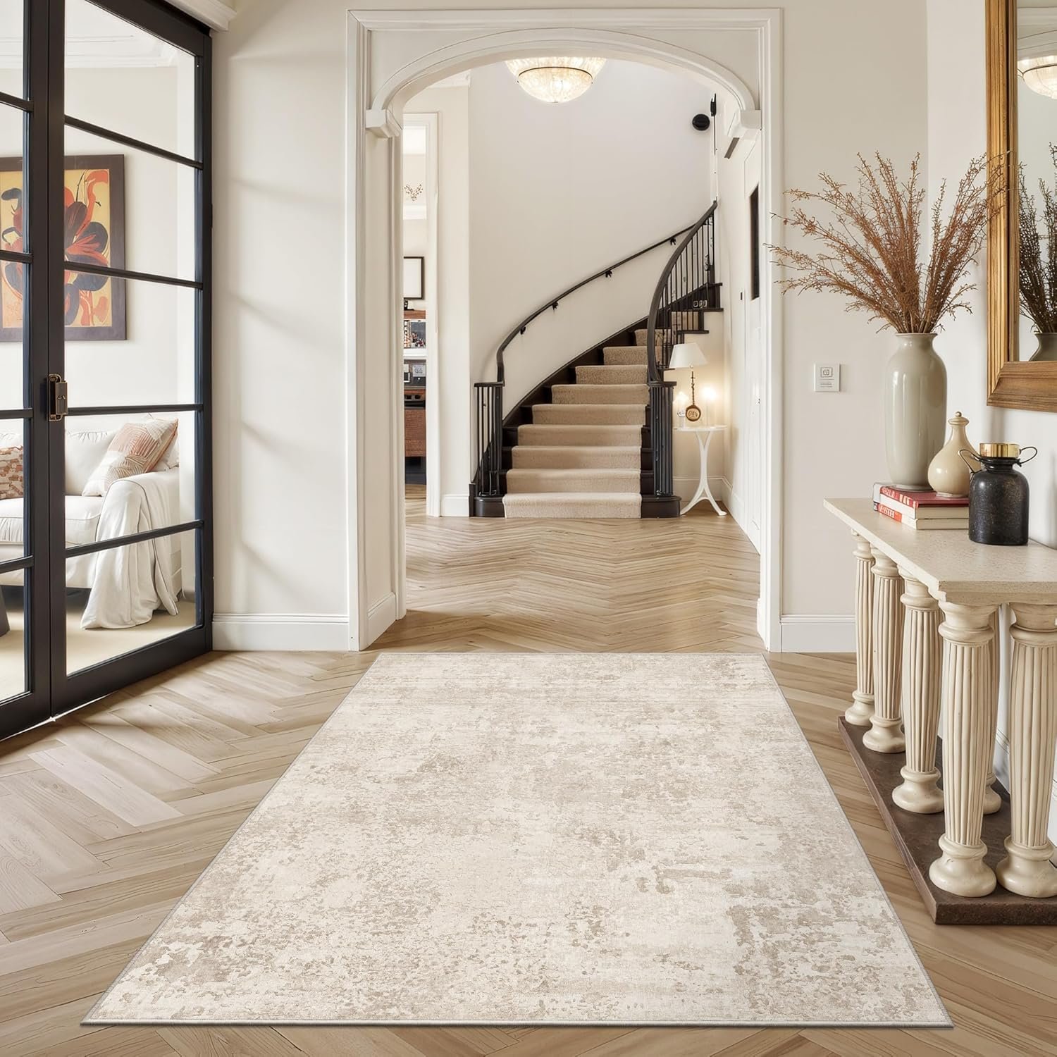Art&Tuft Washable Rugs 3×5, Anti-Slip Backing Abstract 3×5 Rug, Stain Resistant Rugs for Living Room, Foldable Machine Washable Area Rug (3’x5′, Beige)