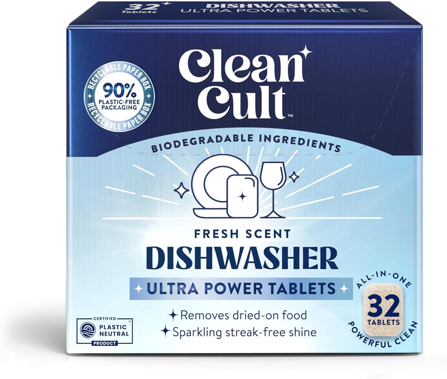Cleancult Ultra Power Dishwasher Detergent Pods for Sparkling Streak-Free Shine, All-In-One, No Plastic Waste, 32 Count