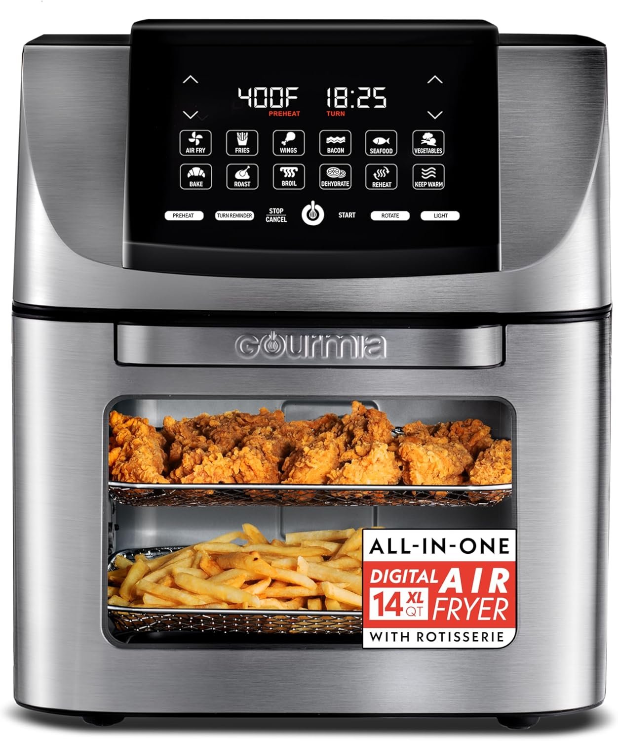 Gourmia Air Fryer – 14 Qt All-in-One Rotisserie Oven with Digital Display, 12 Presets, Roast, Bake, Broil, Dehydrate, Dishwasher Safe Accessories, Stainless Steel