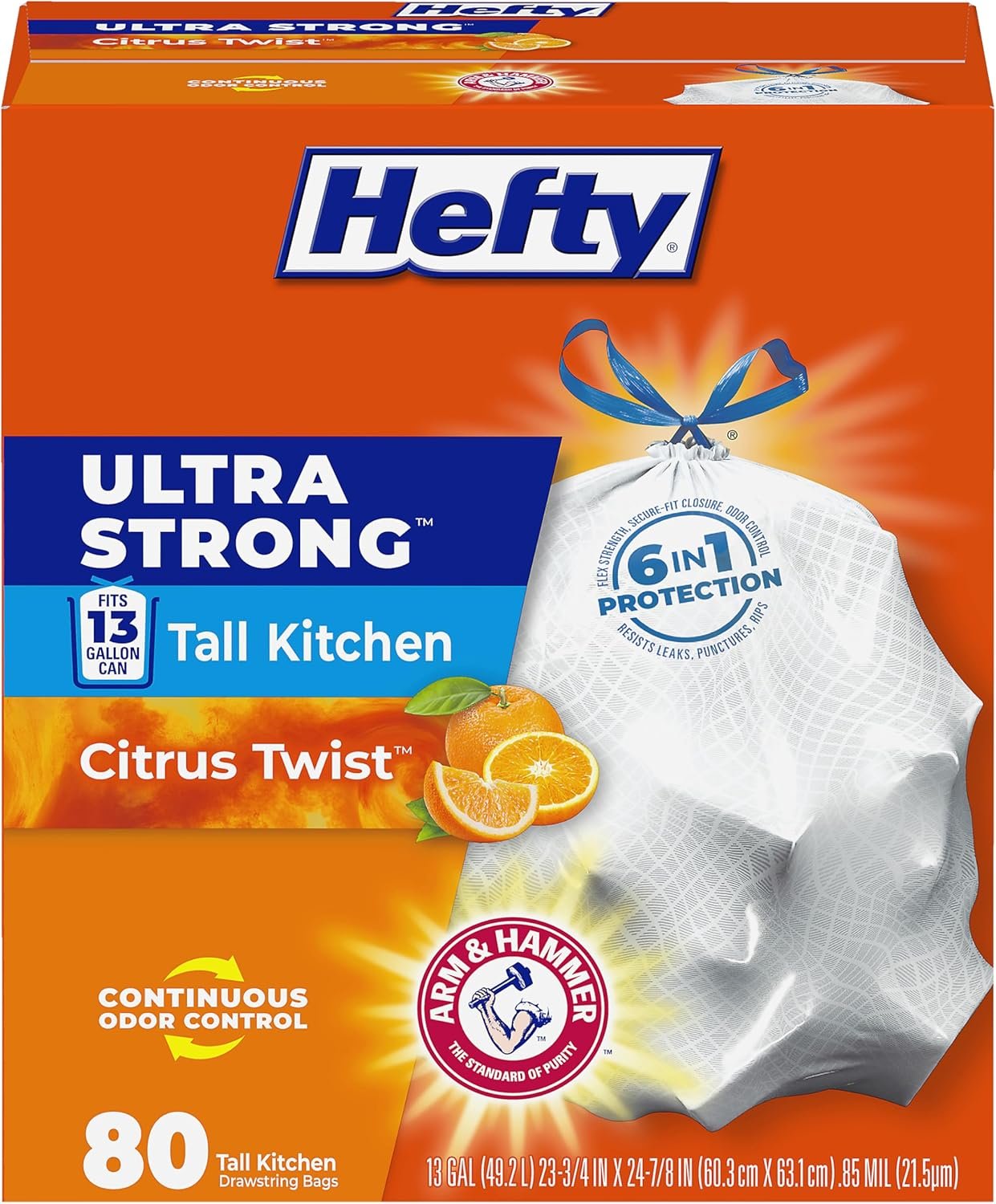 Hefty Ultra Strong 13 Gallon Trash Bags, Tall Kitchen Trash Bags 13 Gallon Size, Drawstring Closure, Continuous Odor Control, White, Citrus Twist Scent, 80 Bags