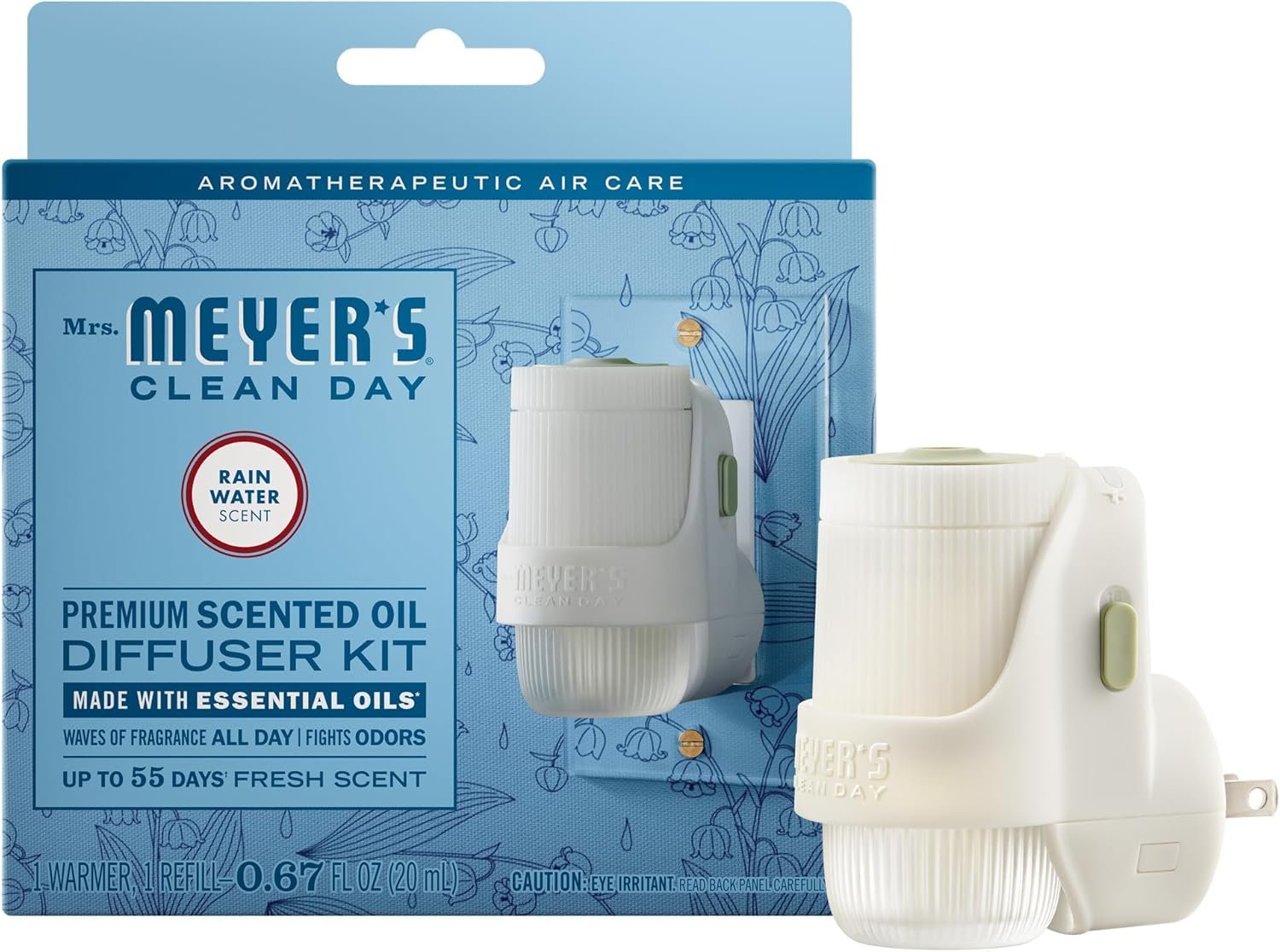 MRS. MEYER’S CLEAN DAY Premium Scented Oil Diffuser Kit, Rain Water, 1 warmer and .67 fl oz refill