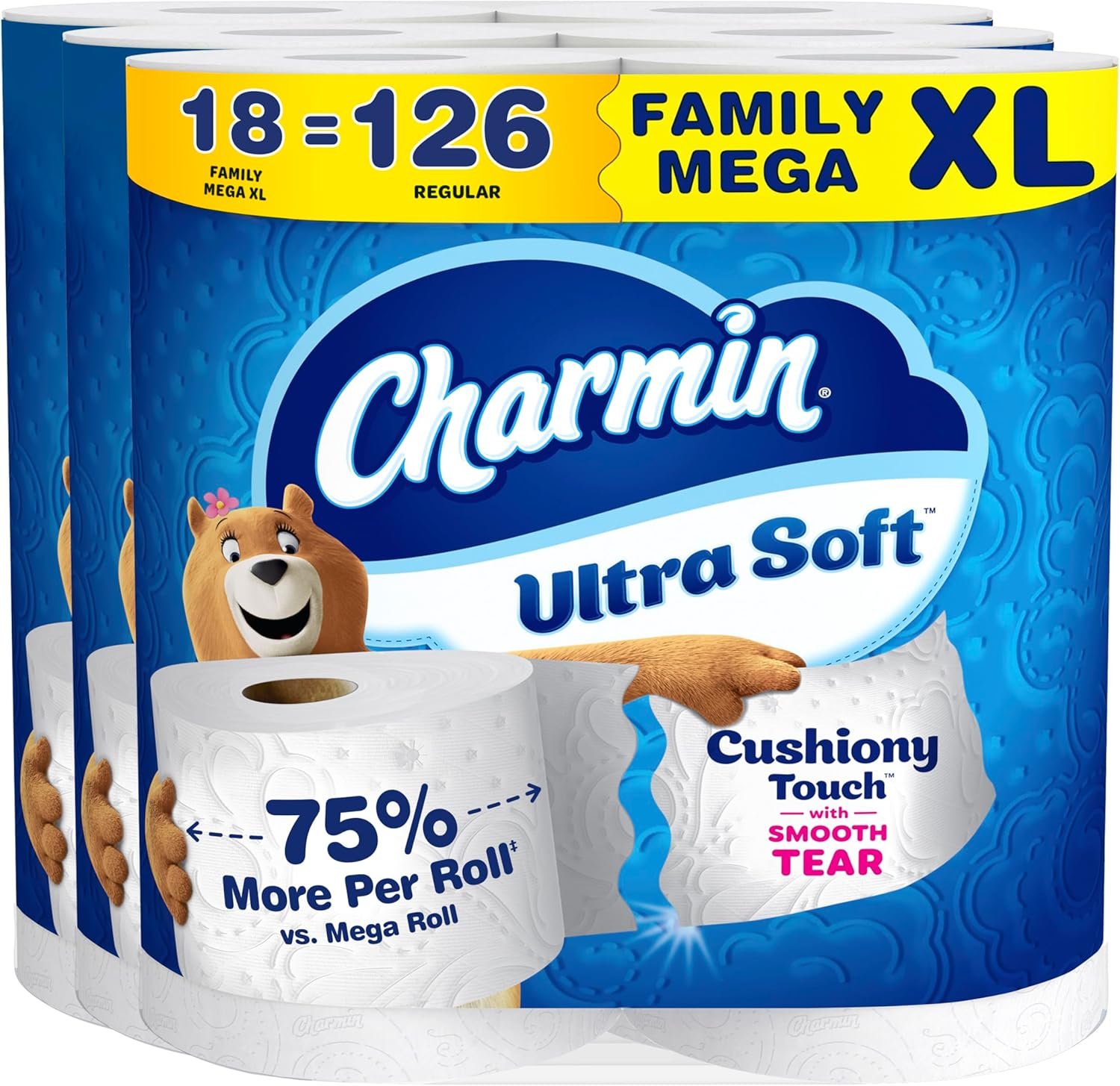 Charmin Ultra Soft Cushiony Touch Toilet Paper, 18 Family Mega XL = 126 Regular Rolls, 2-Ply, White