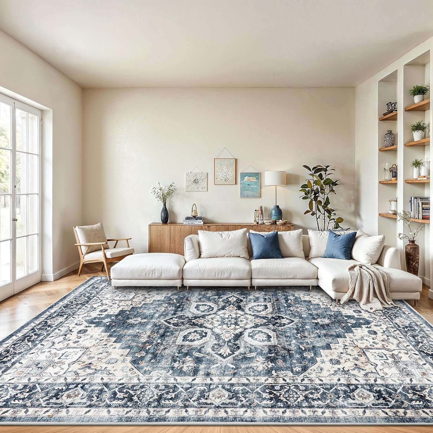 AMADA HOMEFURNISHING 9×12 Washable Area Rug, Low-Profile Large Area Rug with Non-Slip Backing & Durable Edge Binding, Vintage Large Rugs for Living Room, Bedroom & Dinning Room