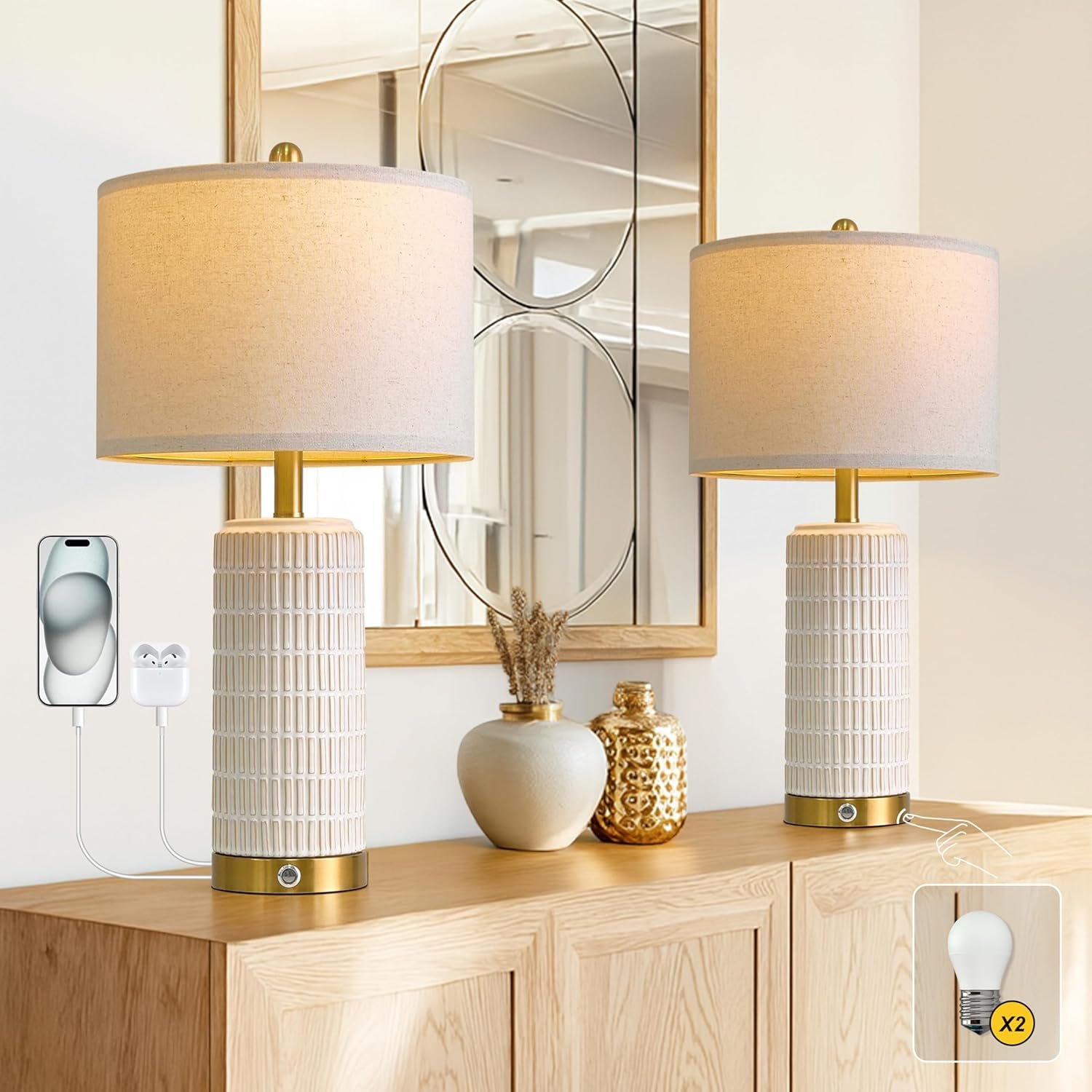 PoKat Touch Bedside Table Lamps with USB Ports for Bedroom Living Room, 25” Dimmable Nightstand Touch Lamps for Living Room, Modern Ceramic Lamps for Night Stands Bedroom, Office, White and Beige