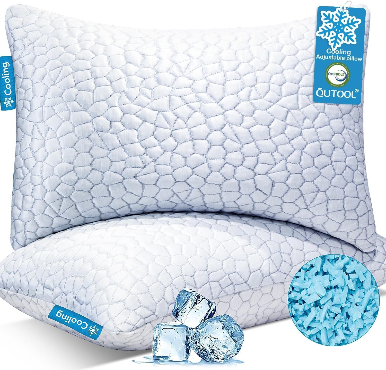 QUTOOL Cooling Pillow for Sleeping, CertiPUR-US Shredded Memory Foam Queen Pillows Set of 2, Cool Pillow for Hot Sleepers Adjustable Firm Pillow for Side, Back, Stomach Sleepers Soft Yet Support,White