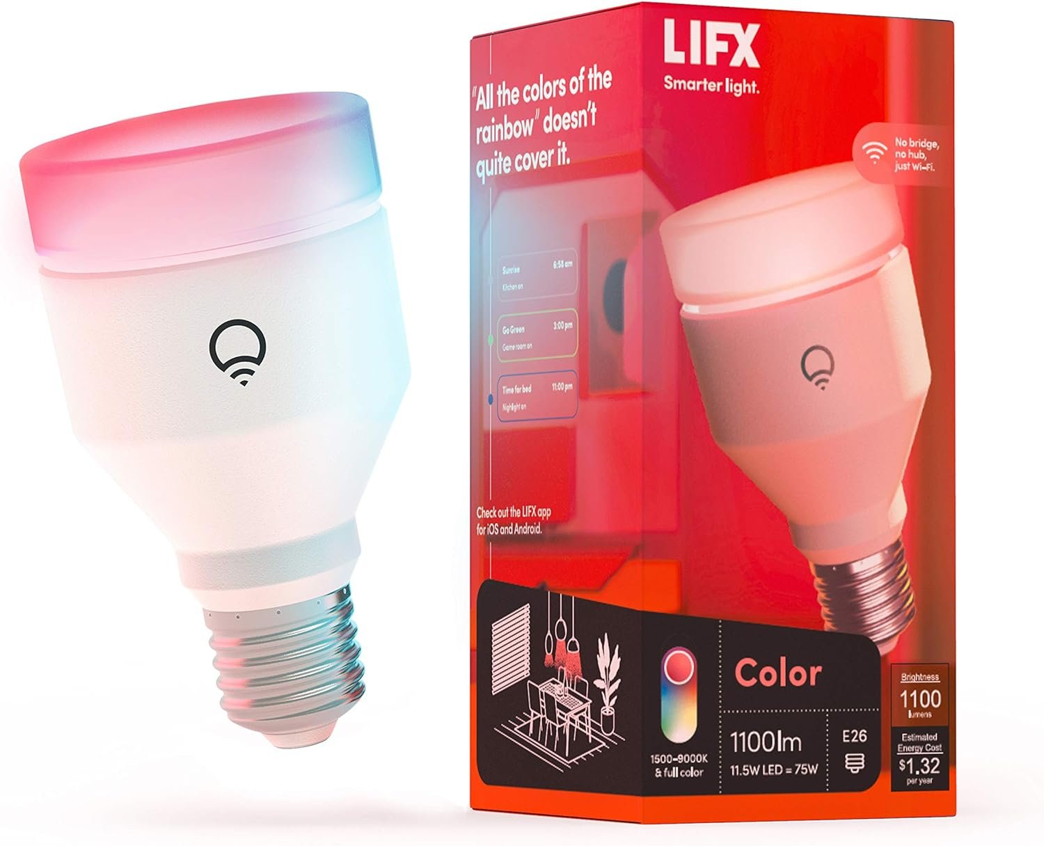 LIFX Color A19 Smart LED Light Bulb, 1100 Lumens, Billions of Colors + Tunable White, Wi-Fi 2.4GHz No Hub Required, Dimmable, Voice & App Control, Compatible with Alexa, Google Home & Siri