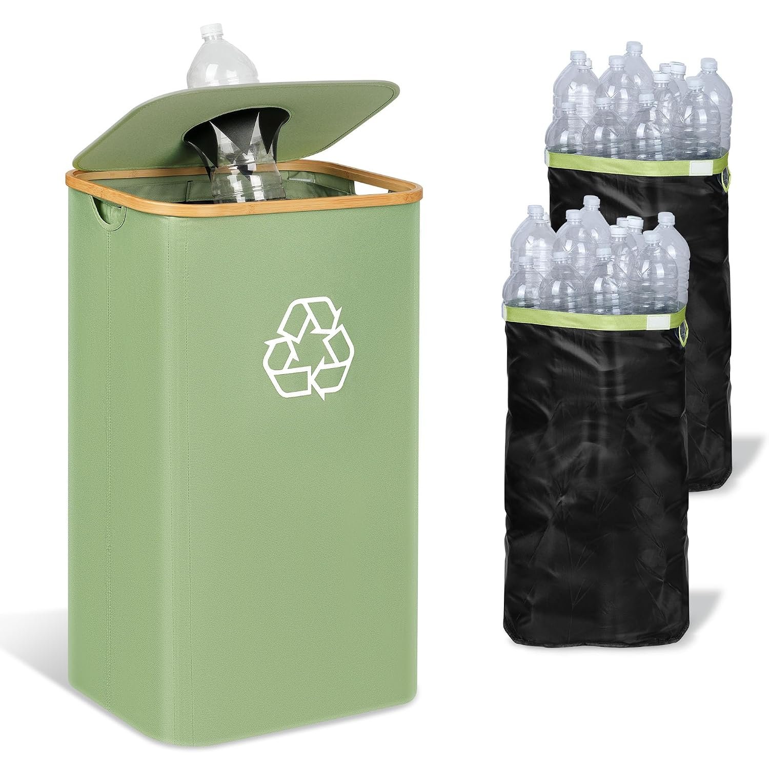 iEGrow Recycling Bin for Kitchen, 29 Gallon Indoor Recycle Bin with Lid, Large 110L Recycling Bin with 2 Removable Reusable Inner Bags for Bottles, Cans, Glass, Plastic & Cartons, Green