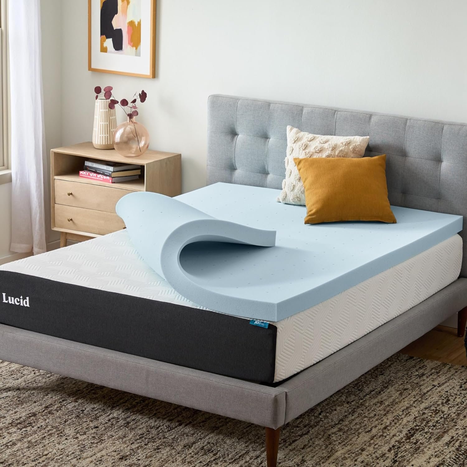 Lucid 3 Inch Memory Foam Mattress Topper, Queen Size – Cooling Gel Bed Topper – Preassure-Relieving Deep Plush Feel – Ventilated Breathable Design – CertiPur Certified – Dorm Room Essentials