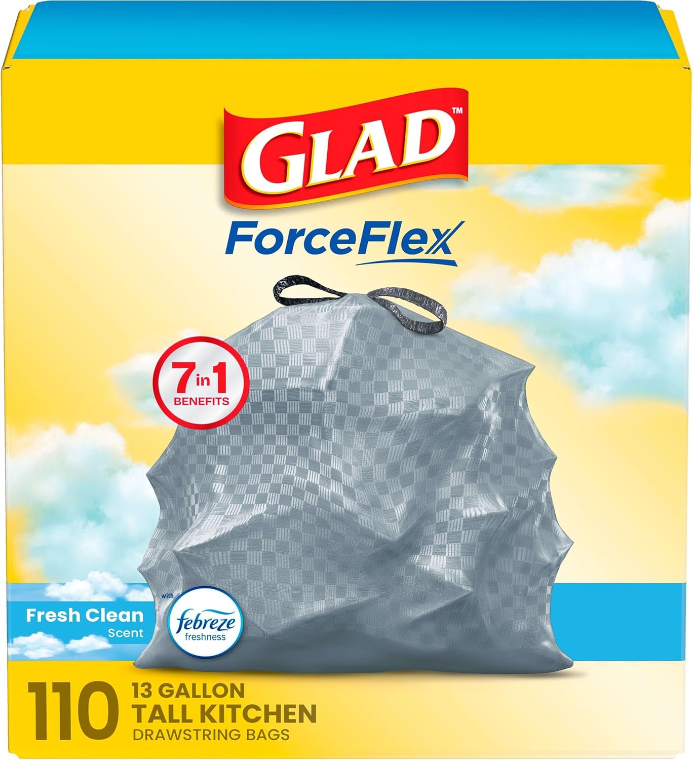 Glad Tall Kitchen Drawstring Trash Bags – Odorshield 13 Gallon White Trash Bag, Febreze Fresh Clean, 110 Count