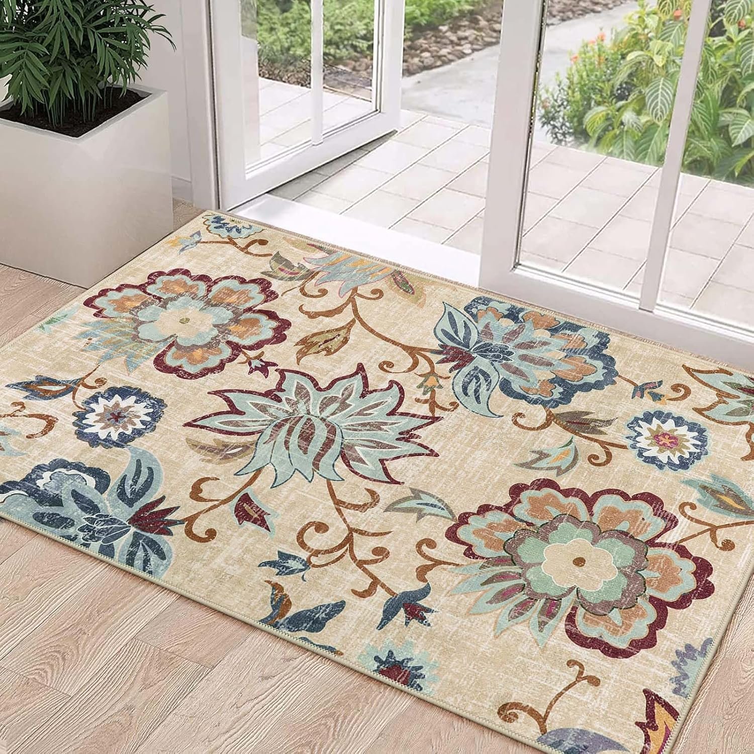 Beeiva Floral Washable 3×5 Area Rugs, Paisley Non Slip Rugs for Bedroom, Throw Ultra Thin Beige Carpet Entryway Carpets with Rubber Backing for Bathroom Kitchen Office