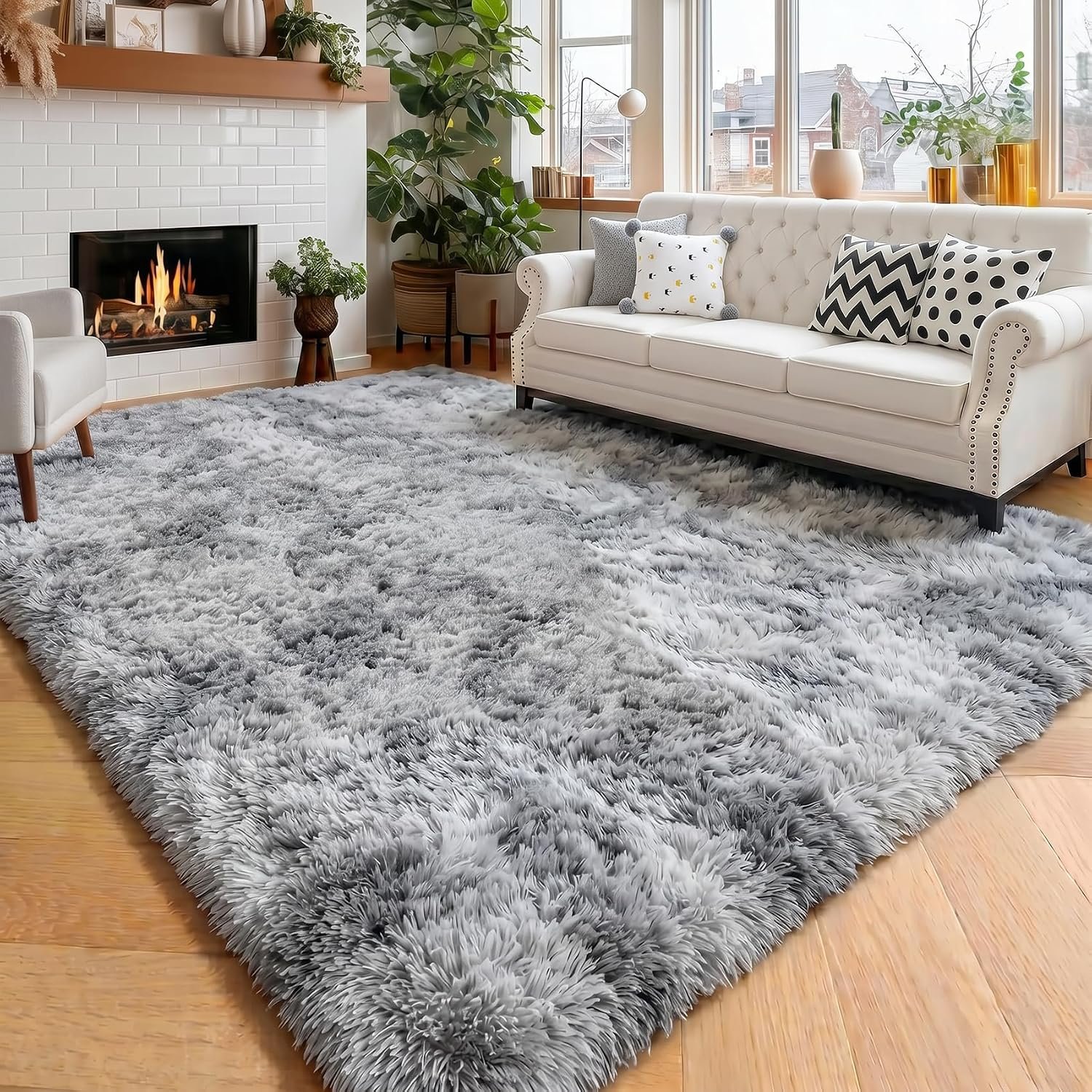 Amdrebio Tie-Dyed Light Grey Area Rugs for Bedroom, Fluffy Furry Rugs for Living Room, Modern Shag Throw Rug for Kids Room Decor, Shaggy Fuzzy Carpet, Indoor Plush Rug for Dorm Classroom, 4×6 Rug