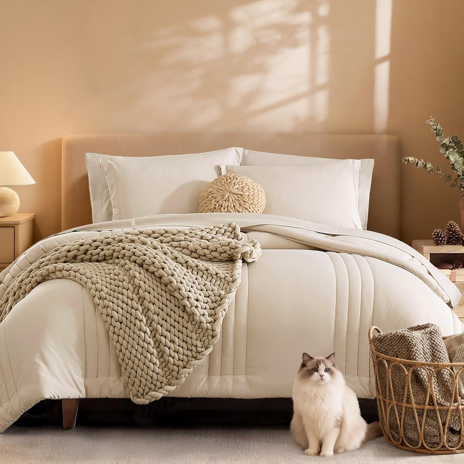 Monbix Queen Comforter Set – 7 Pieces Beige Bed in a Bag Queen Bedding Sets with Comforters, All Seasons Comforter Bed Set with Sheets, Pillowcases & Shams