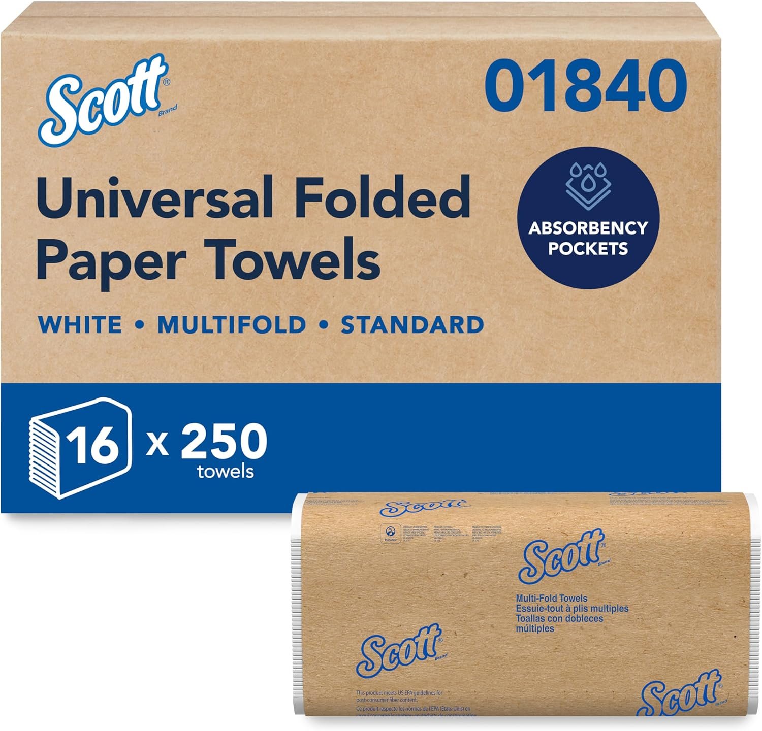 Scott® Professional Universal Multifold Paper Towels, Bulk (01840), Absorbency Pockets, 9.2″ x 9.4″ sheets, Standard Tier, Compressed, White (250 Sheets/Pack, 16 Packs/Case, 4,000 Sheets/Case)
