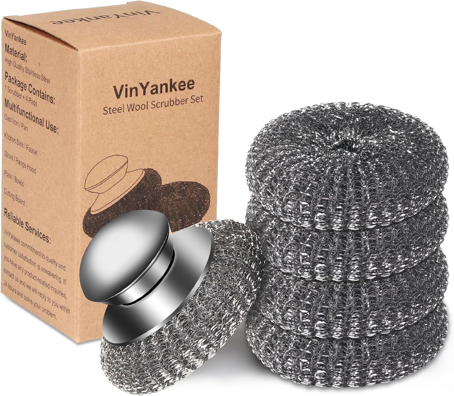 5Pcs Steel Wool Scrubber with Replacement Wire Sponge Pads Set, Stainless Steel Scrubber with Handle for Scouring Stubborn Messes from Cast Iron, Pots, Pans, Grill, Stoves, Sink(1 Scrubber+4 Pads)