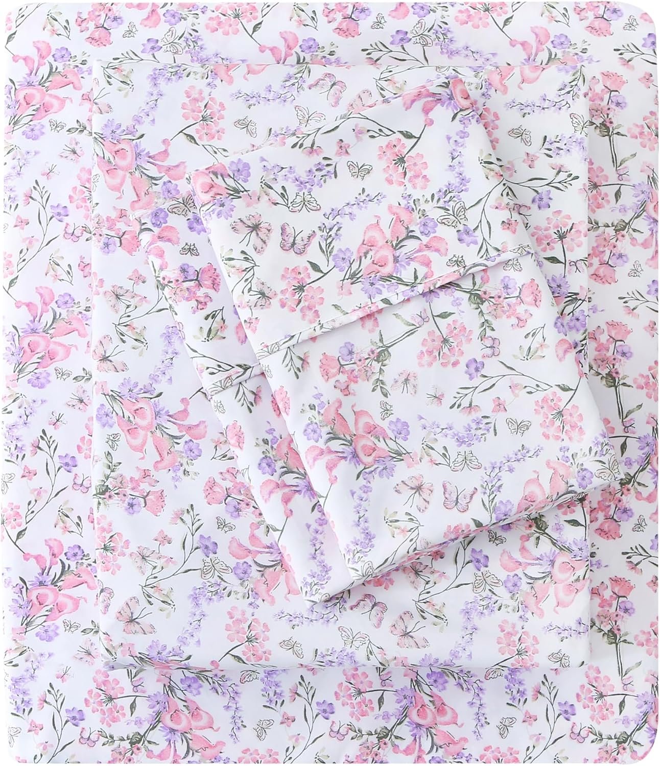 Mooreeke Cozy Vintage Microfiber Printed Queen Sheet Set – Soft Breathable Percale Cotton Floral Bed Sheets with Deep Pocket – Non-Slip Fitted Design – Pink Purple Flowers Pattern