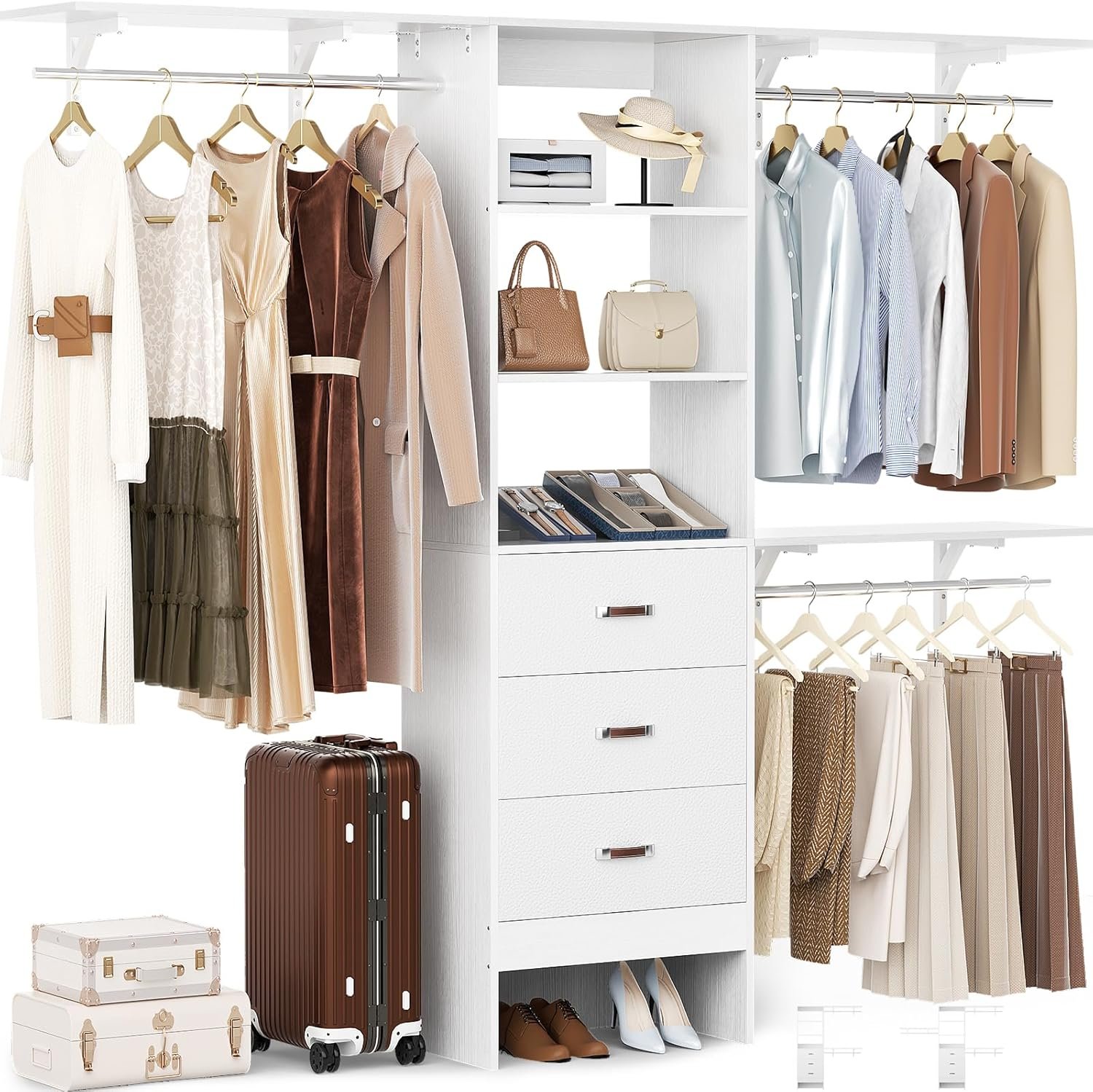 Besiost Closet System with Drawer – 8FT Wood Closet Organizer System with 3 Hanging Rods and Shelving Tower, 96″ Walk In Closet Organizer Wardrobe, Heavy Duty Garment Rack Clothes Rack, White