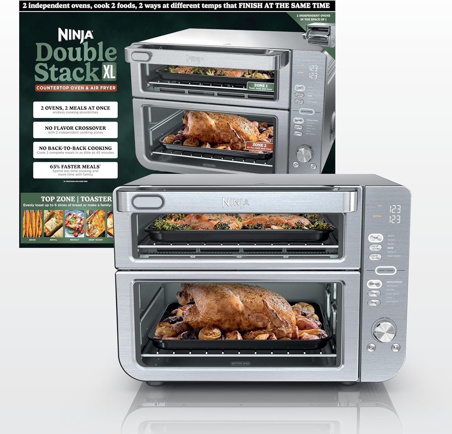 Ninja Air Fryer Toaster Oven Combo | Double Stack XL | 12-in-1 | Fits 4.5 lb Chicken & 6lbs of Wings | Smart Finish Cook 2 Different Meals at Same Time | Countertop Oven | Stainless Steel | DCT601