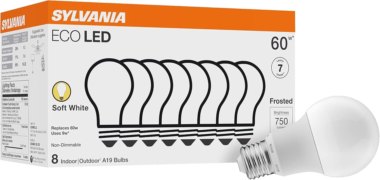 Sylvania ECO LED Light Bulb, A19 60W Equivalent, Efficient 9W, 7 Year, 750 Lumens, 2700K, Non-Dimmable, Frosted, Soft White – 8 Pack (40821)