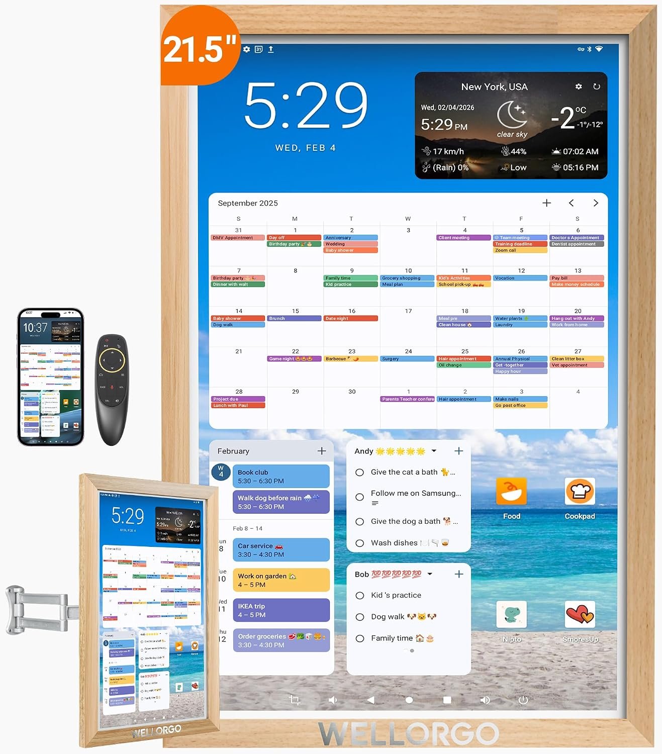 Smart Digital Calendar，21.5”Digital Calendar Wall Touch Screen with Chores Chart/Meal Plan/Streaming Services/Photo Display，Electronic Calendar with Google Play/Calendar Sync/Remote Control