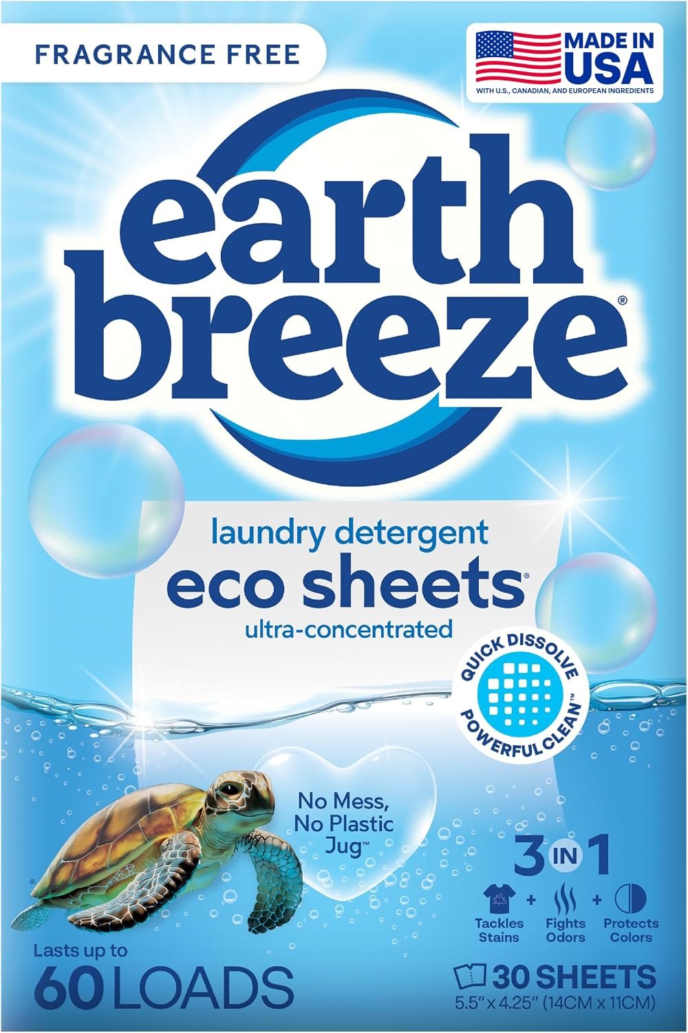 Earth Breeze Laundry Detergent Sheets Fragrance-Free – 60 Loads Eco Liquidless Soap – Travel-Friendly for Hot & Cold Cycles, Tackles Tough Stains & Odors – Gentle on Sensitive Skin, 30 Ct