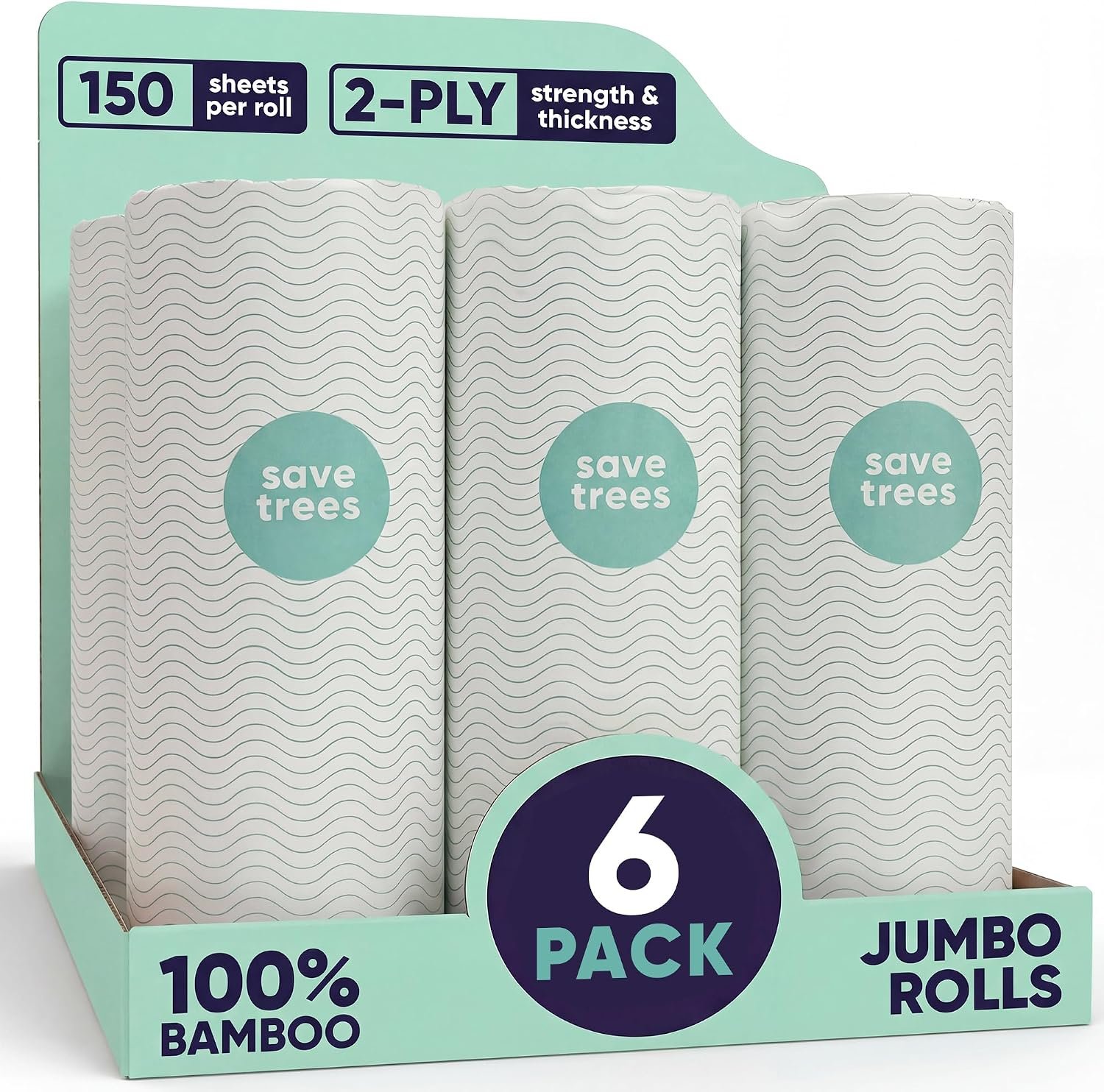 Save Trees Bamboo Paper Towels 6pk – 750 Sheets Paper Towels Rolls Ultra Absorbent & Durable Eco-Friendly – FSC-Certified, totally Plastic-Free, and Vegan