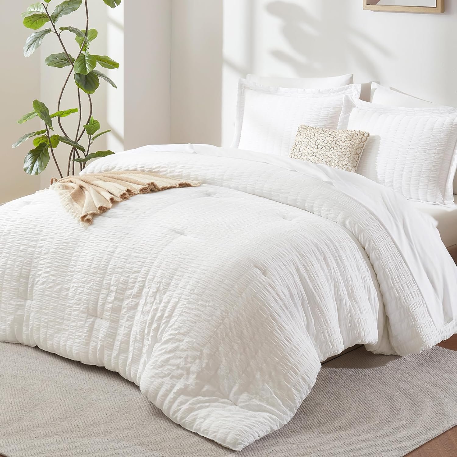 CozyLux Queen Comforter Set White, 7 Pieces Seersucker Textured Luxury Bed in a Bag Queen, All Seasons Soft Bedding Sets with Down Alternative Comforter, Sheets, Pillowcases & Shams, Bedroom Bed Set