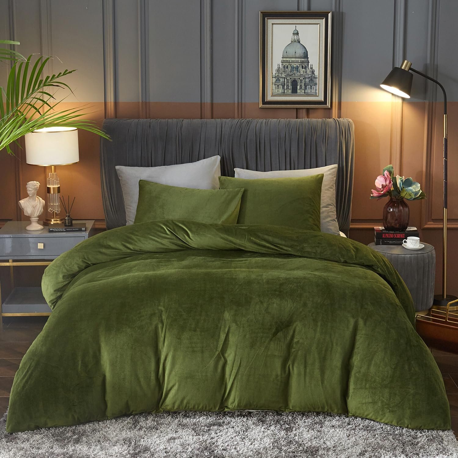Ivellow Velvet Duvet Cover Queen Set Sage Green Velvet Comforter Cover 3Pcs Ultra Soft Breathable Bedding with Pillow Shams Luxury Cozy Flannel Velour Duvet Cover with Zipper Closure and 8 Corner Ties