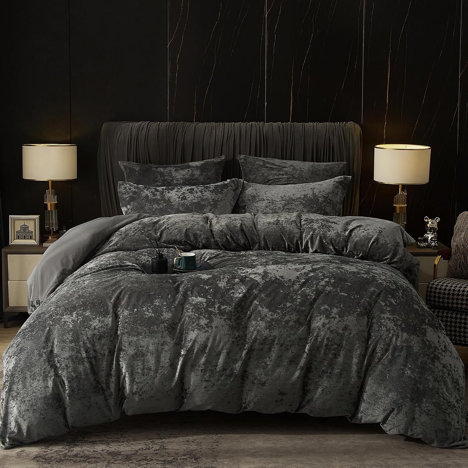 PHF Truly Velvet Duvet Cover Set King Size, 3pcs Ultra Soft Breathable Comforter Cover Set, Luxury Cozy Flannel Duvet Cover with Pillow Shams Bedding Collection, 104″ x 90″, Dark Gery