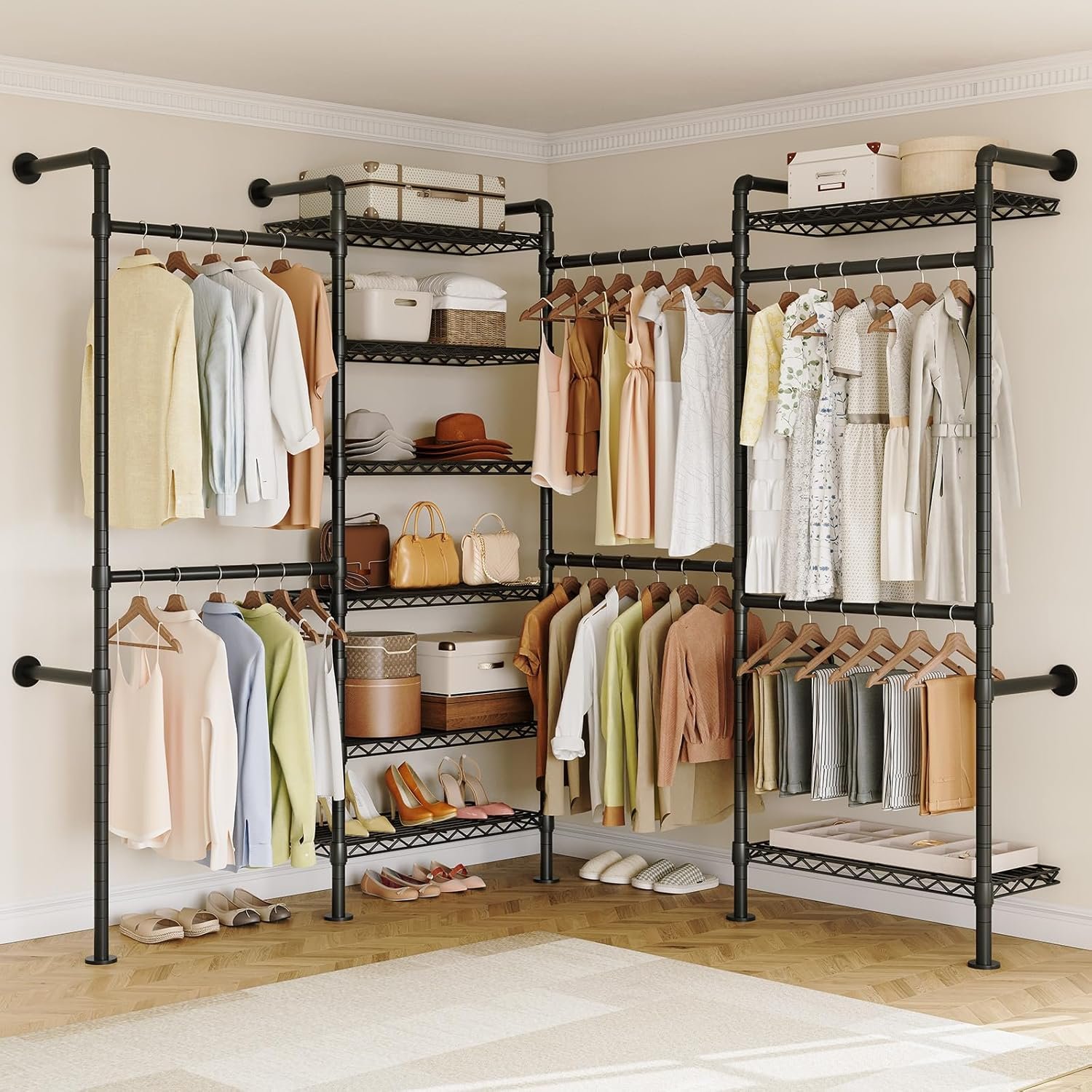 ONBRILL L4 Wall Mounted Industrial Pipe Clothing Rack, Closet Organizer System with 6 Hanging Clothes Rods ( 4 Expandable Rods) & 8 Shelves, Heavy Duty Corner Garment Rack, Large Wardrobe – Black