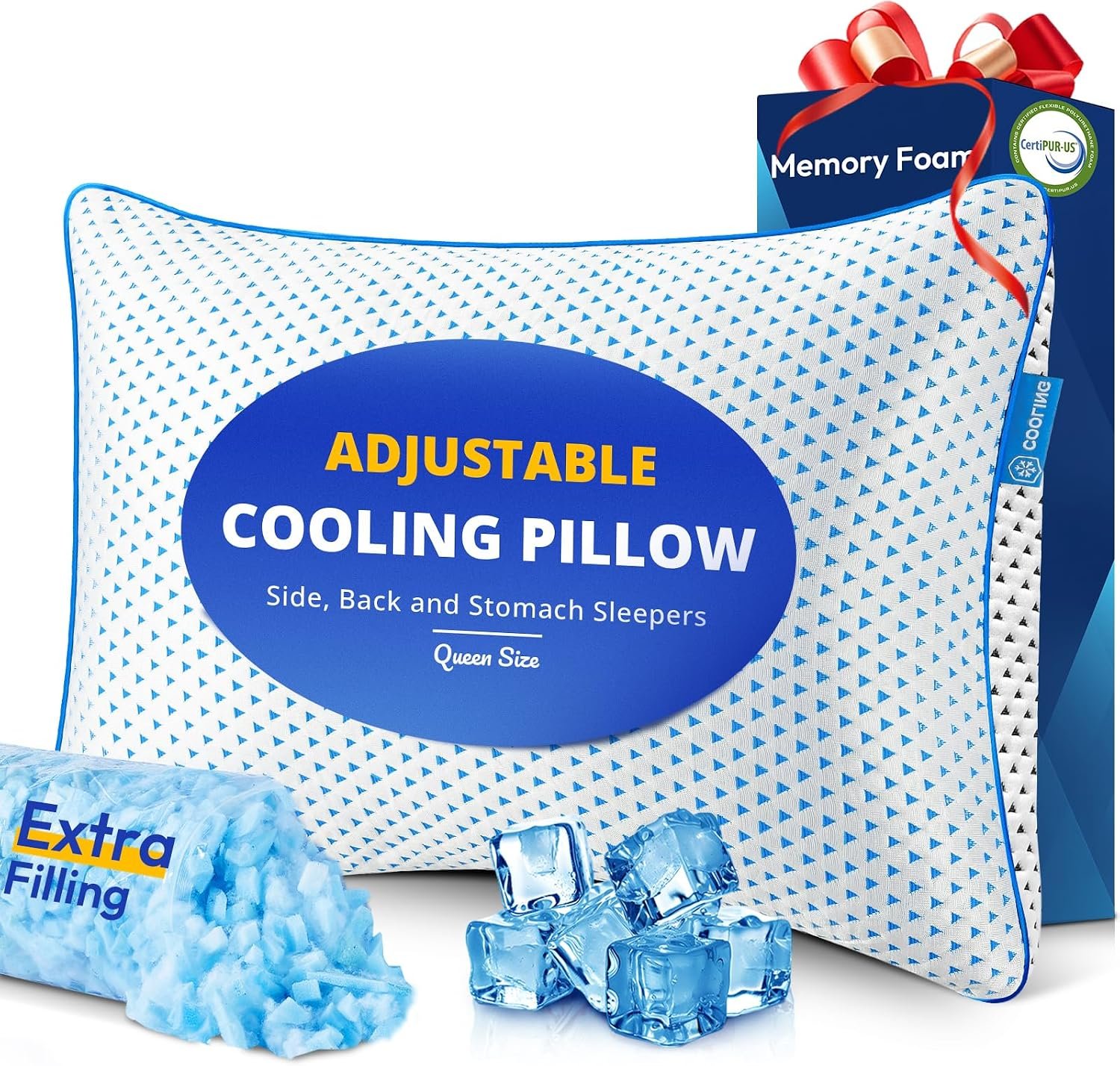 Cooling Gel Memory Foam Pillow Queen Size for Sleeping 1 Pack, Thick Adjustable Firm Shredded Foam Bed Pillows for Side, Back, Stomach Sleepers, Soft Yet Support, Breathable, CertiPUR-US, College Dorm