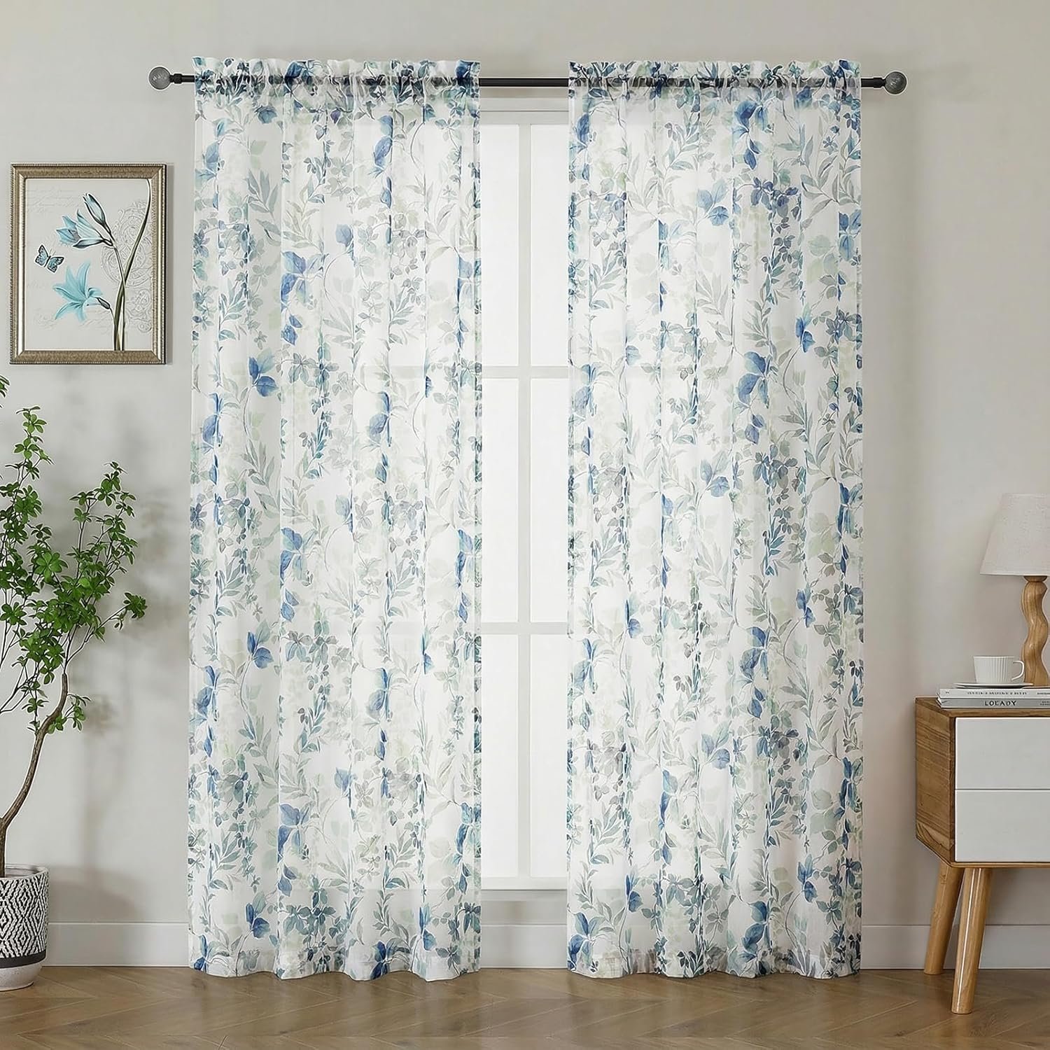 OWENIE Crushed Semi Sheer Curtains 72 Inch Length 2 Panels Set, Printing Floral Pattern Rod Pocket Light Filtering Farmhouse Curtains for Bedroom Living Room, 2 Pieces 84 Inch Wide, Blue, 72 inch Long