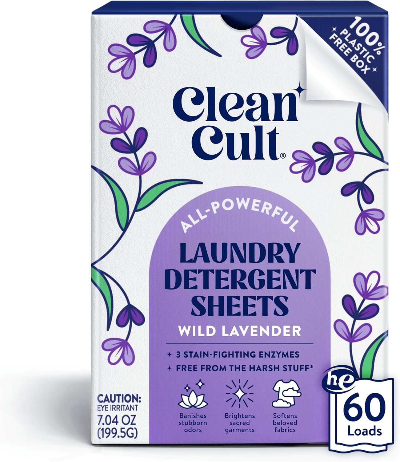 Cleancult Laundry Detergent Sheets – Resealable Box – 3 Stain Fighting Enzymes – Wild Lavender – 60 Loads – Free of Harsh Chemicals – No Mess – No Plastic Waste