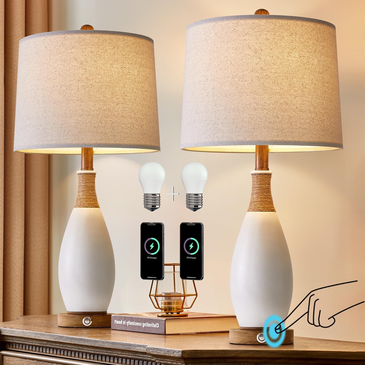 OYEARS 24.5” 3-Way Dimmable Touch Control Bedside Table Lamp Set of 2 with USB and Type-C Charging Ports Modern Farmhouse Nightstand Lamp for Bedroom Living Room (Bulb Included)