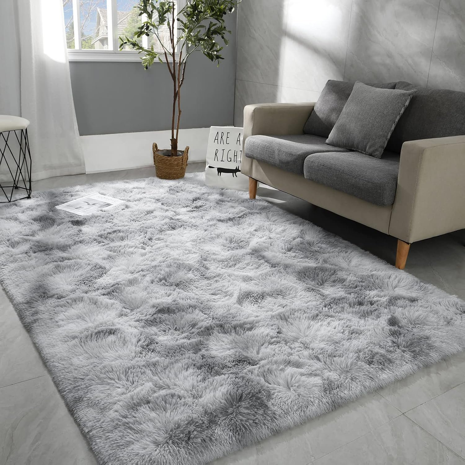 Hutha 4×6 Large Washable Area Rugs for Living Room Tie-Dyed Light Grey | Non-Slip Indoor Shag Fuzzy Soft Fluffy Modern Carpet for Bedroom Dorm Bedside Girls Boys Kids Nursery Playroom Home Decor