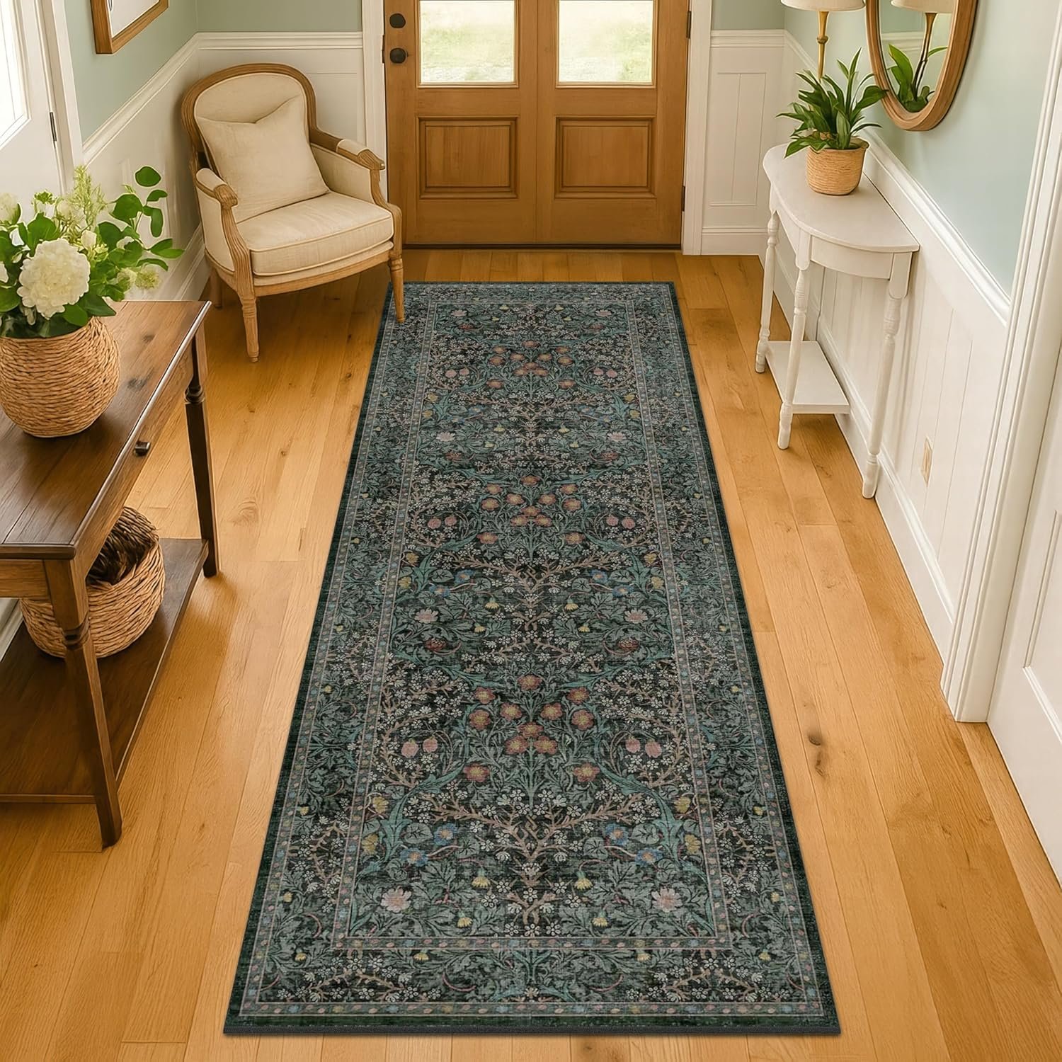8ft Long Runners for Hallways Non Slip, 2’6″ x 8′ Floor Runner for Kitchen, Entryway Indoor, Washable Rubber Backing Stain Resistant – Vintage Floral Dark Green & Black Wide Décor