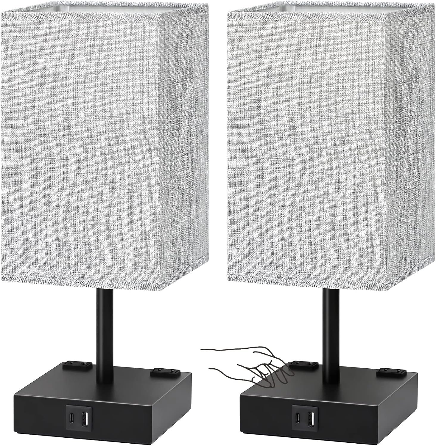 Bedside Table Lamps Set of 2 – Touch Nightstand Lamp for Bedroom with USB C+A Charging Ports & AC Outlets, 3-Way Dimmable Desk Lamp Grey Fabric Shade for Bedroom Living Room, Office(Bulb Included)